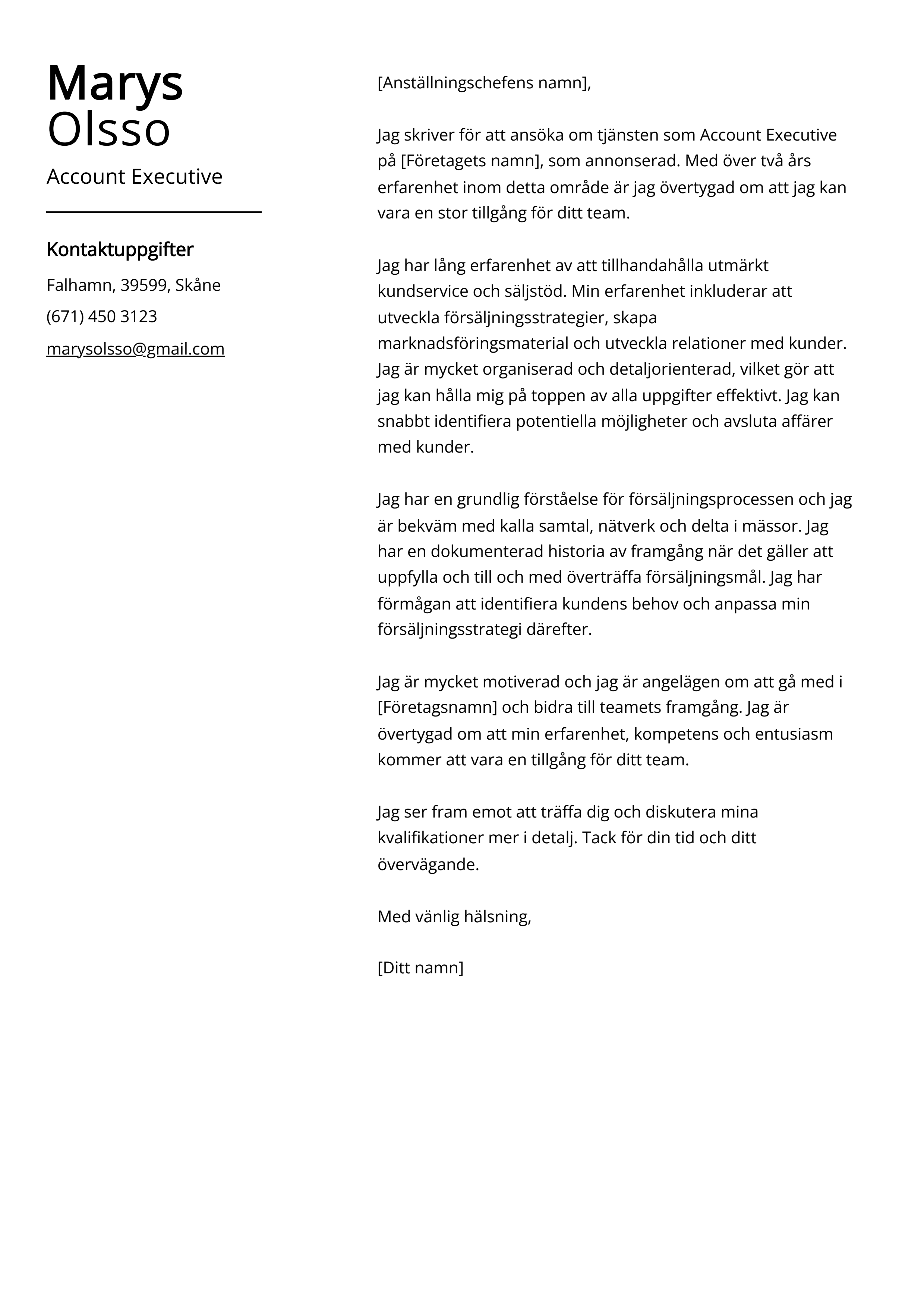 Account Executive Exempel på personligt brev