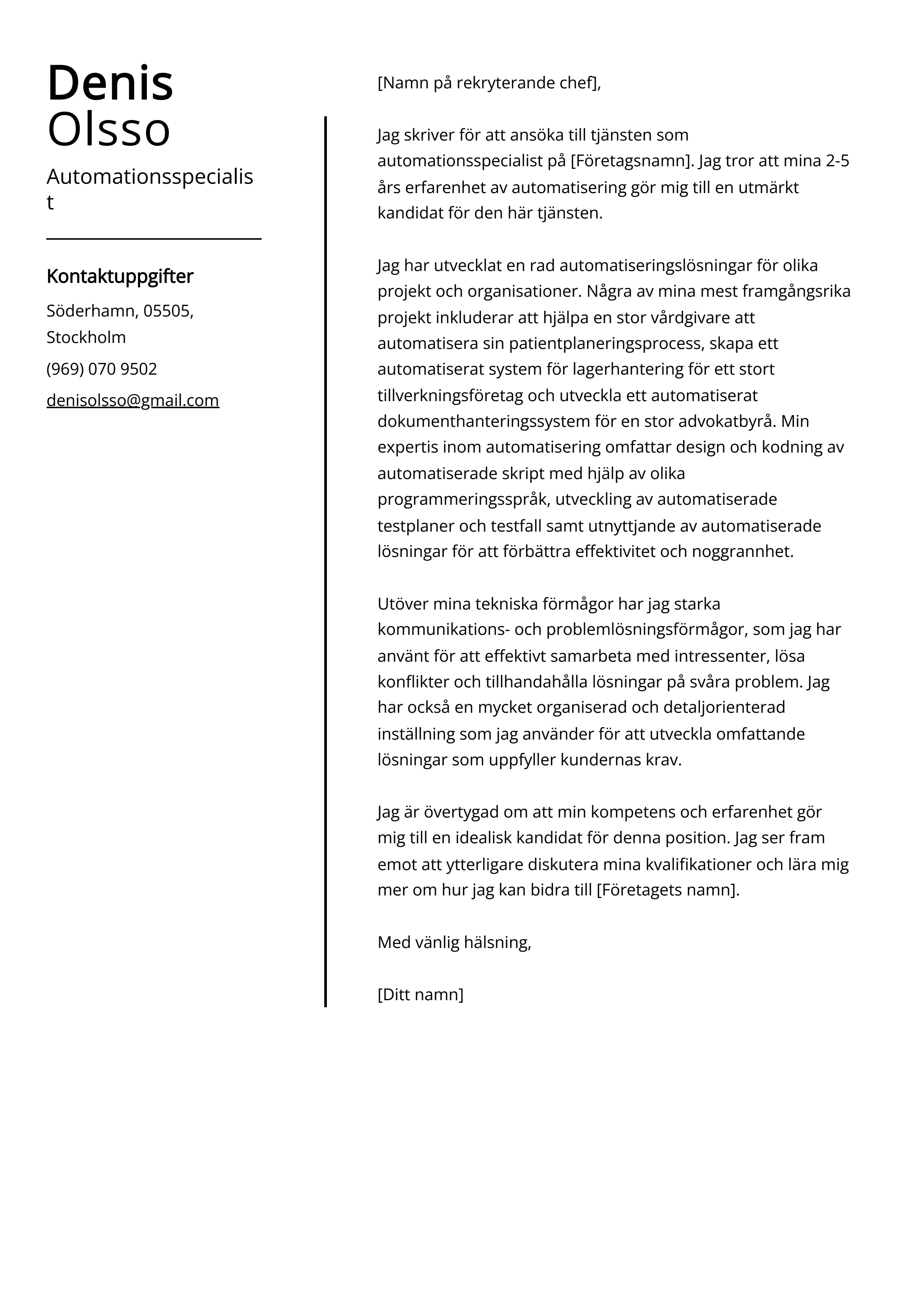 Automationsspecialist Exempel på följebrev