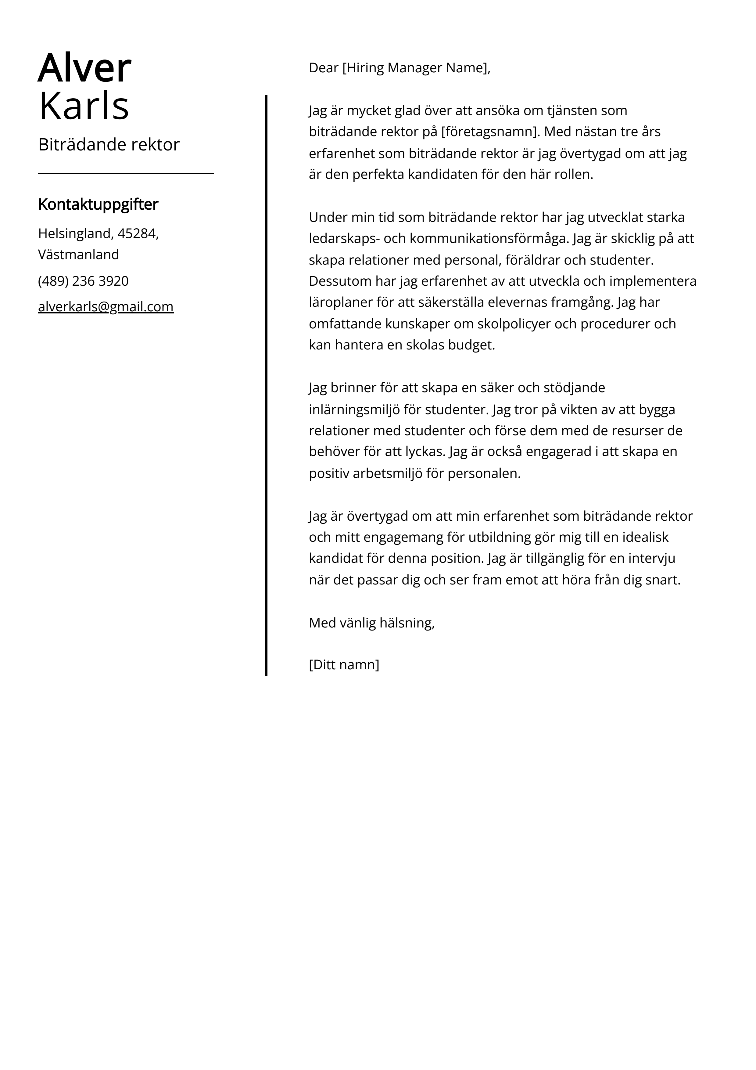 Biträdande rektor Exempel på personligt brev