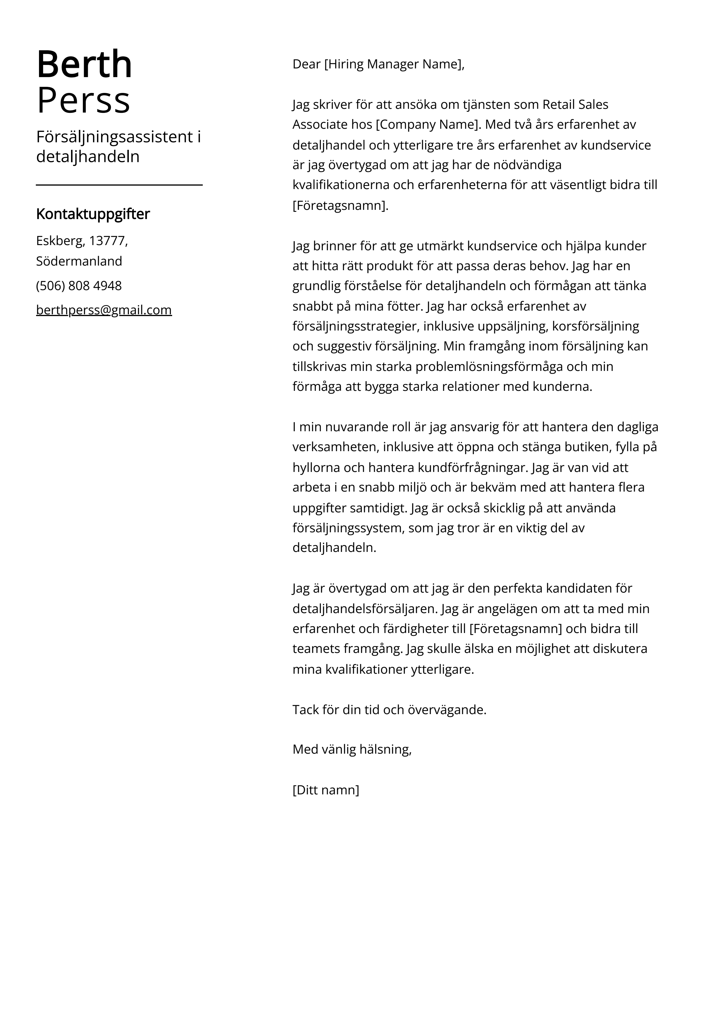 Försäljningsassistent i detaljhandeln Följebrev Exempel