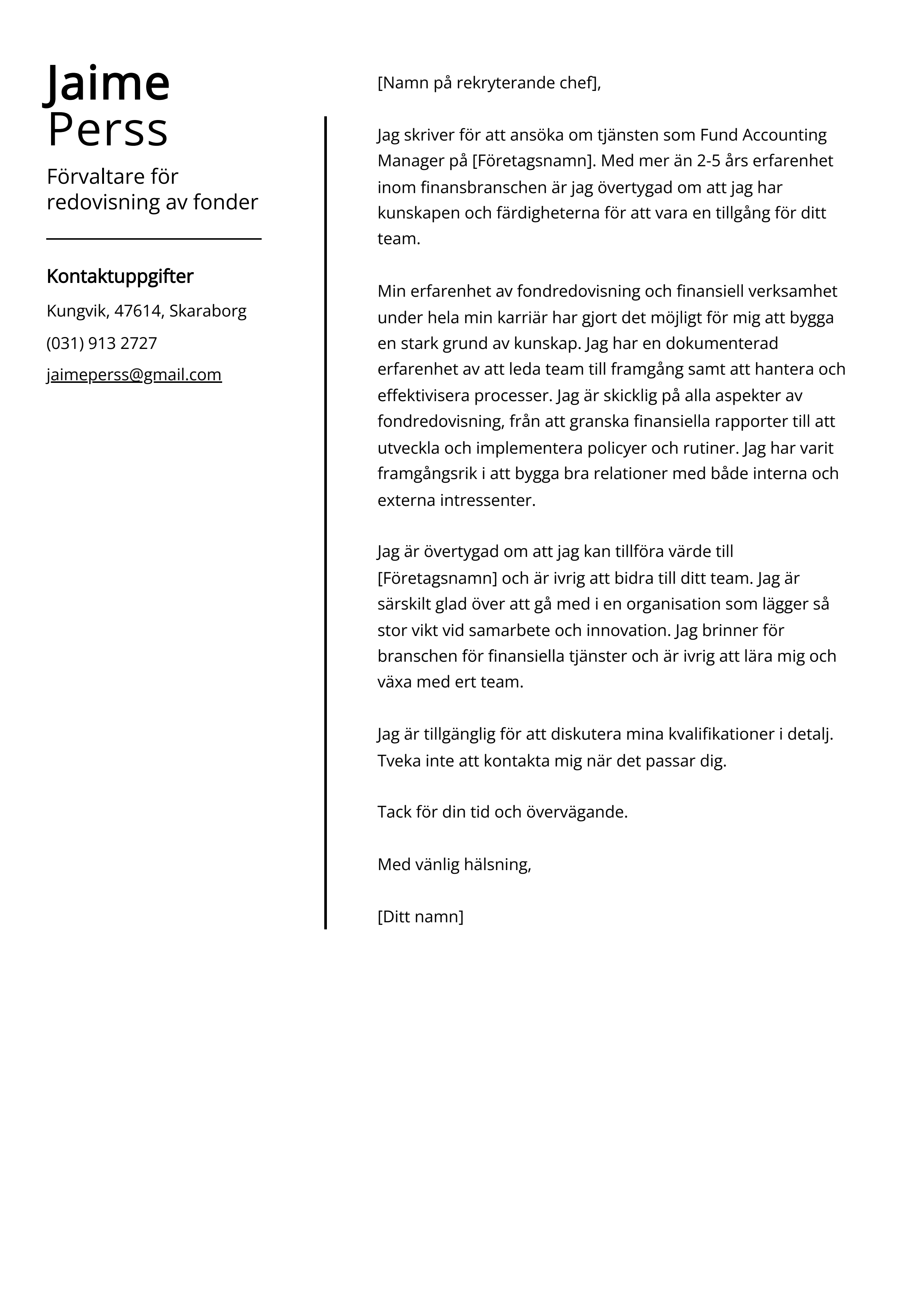 Förvaltare för redovisning av fonder Cover Letter Example