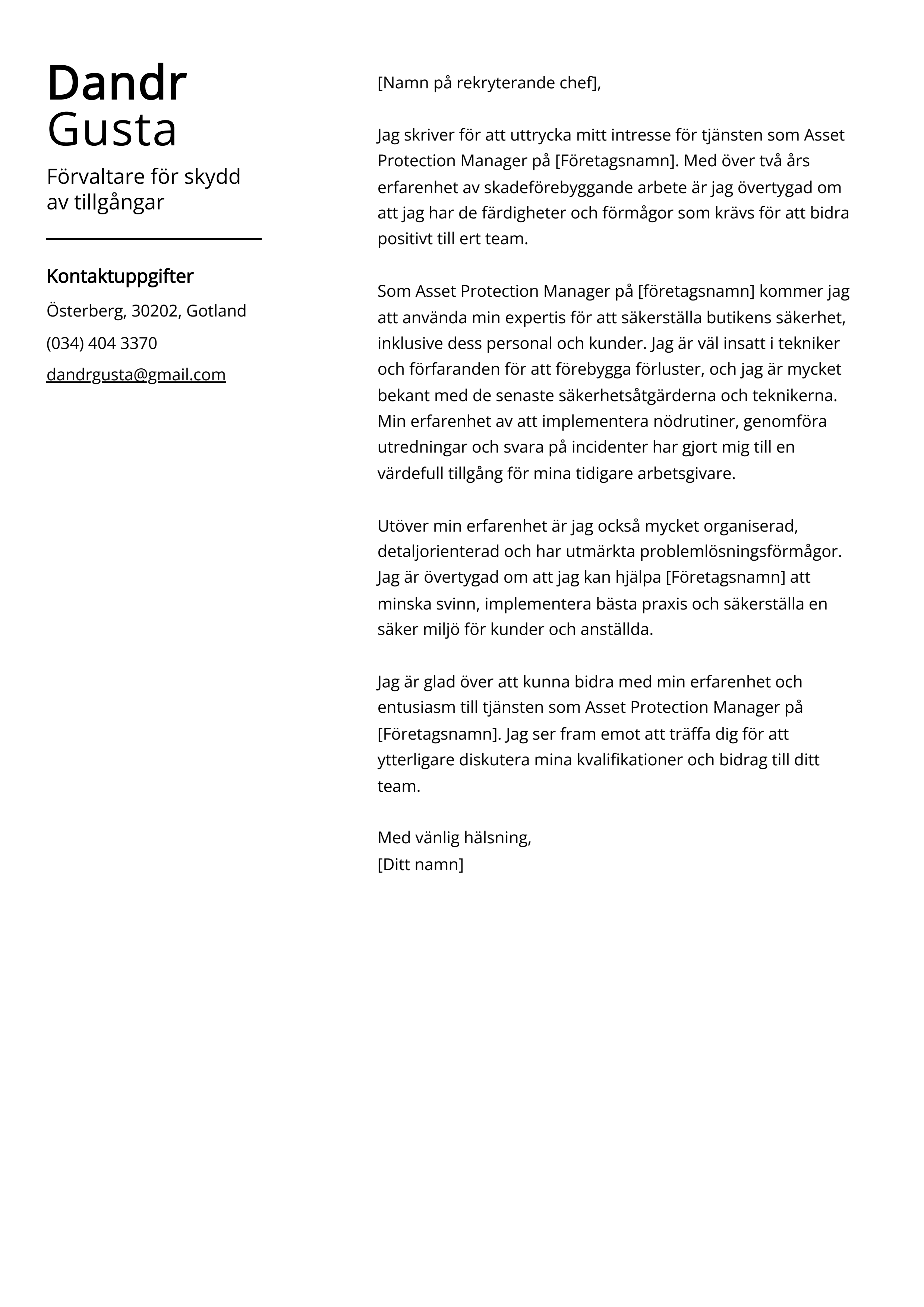 Förvaltare för skydd av tillgångar Cover Letter Example