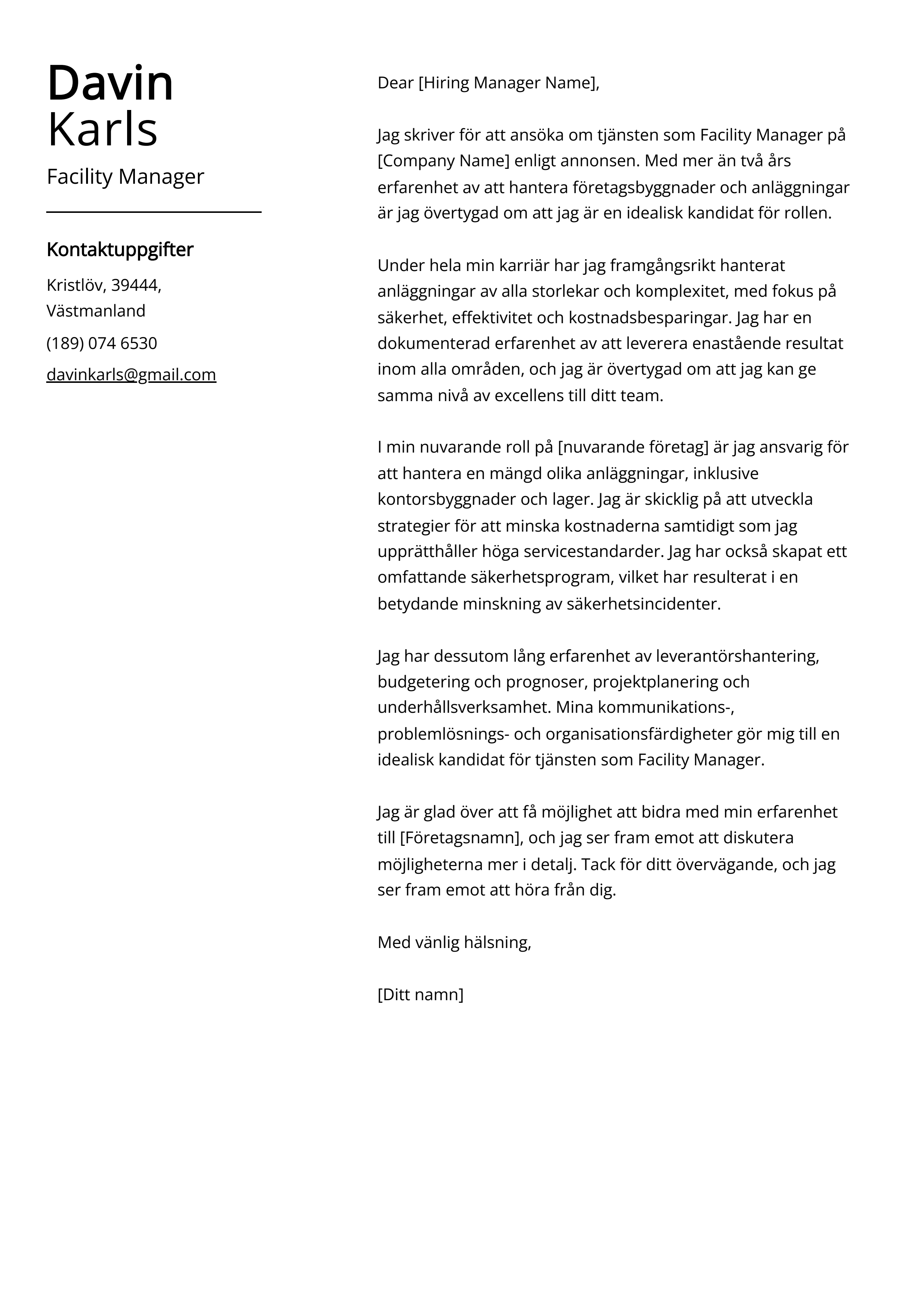 Facility Manager Exempel på personligt brev