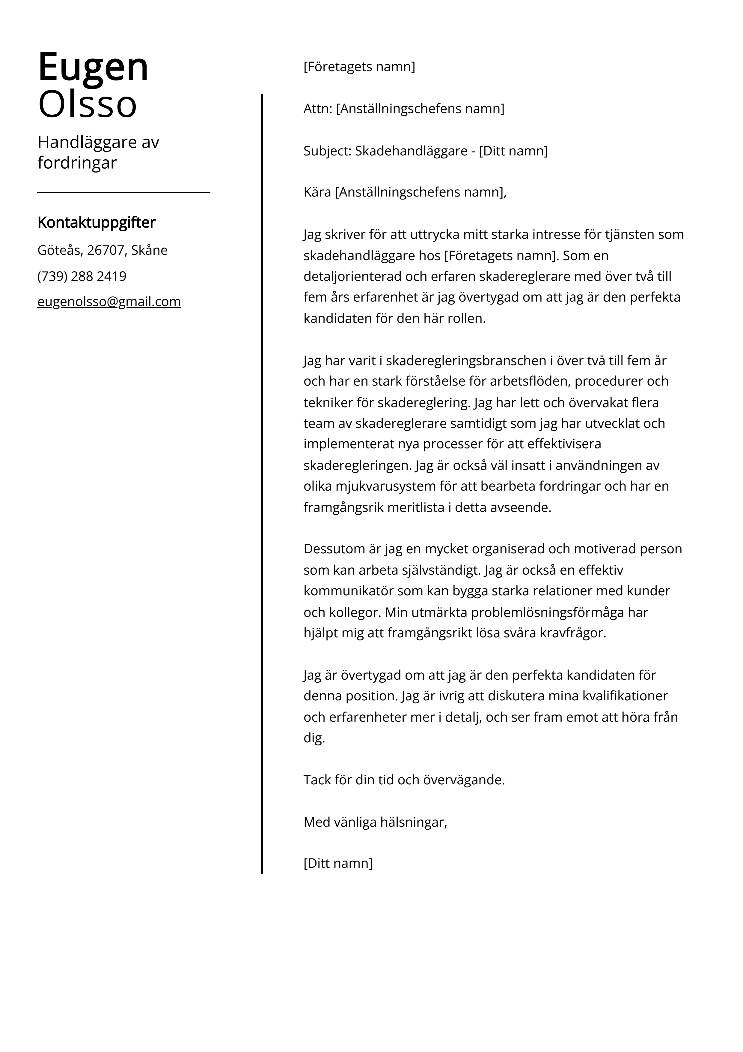 Handläggare av fordringar Cover Letter Example