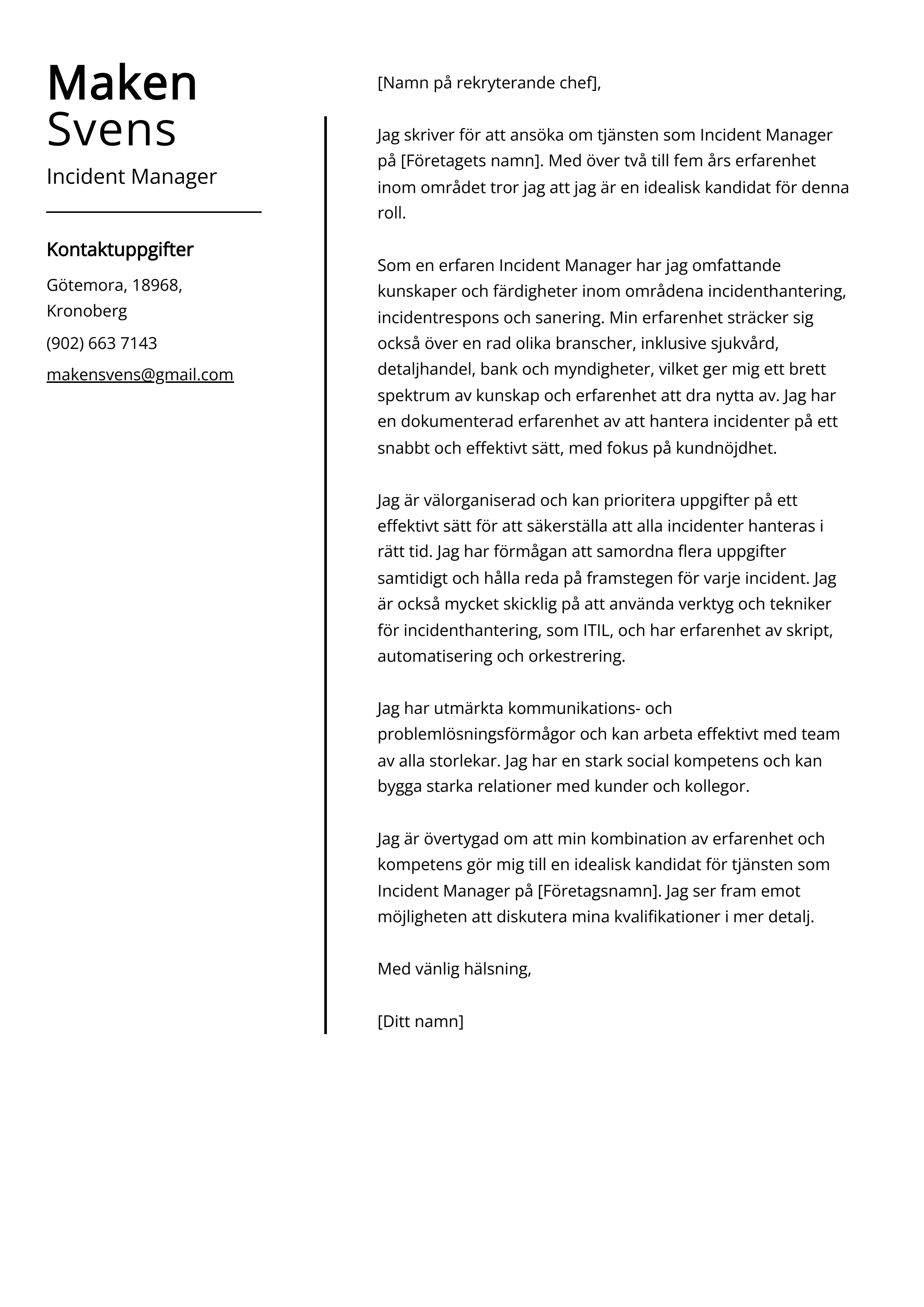 Incident Manager Exempel på personligt brev