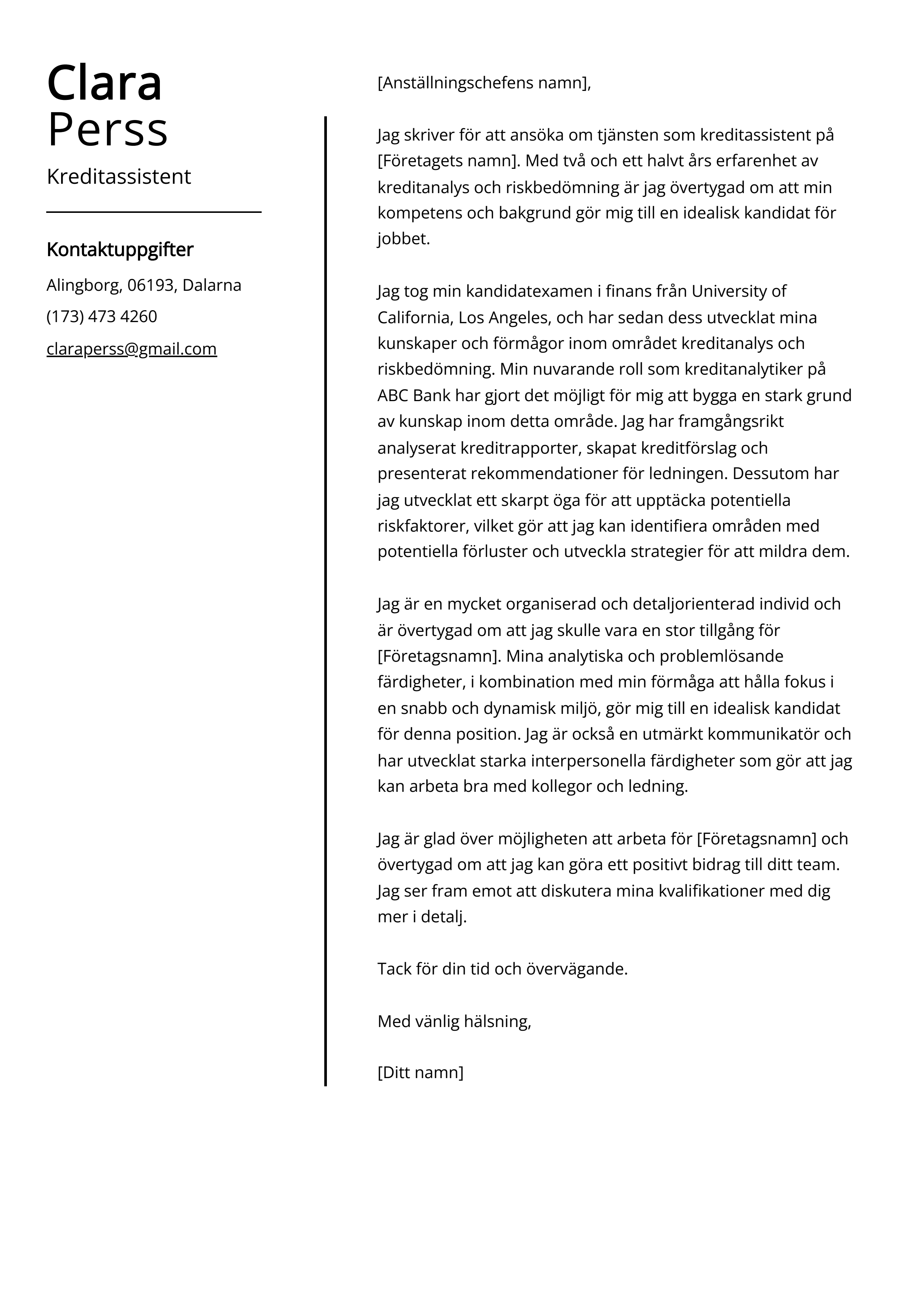 Kreditassistent Följebrev Exempel