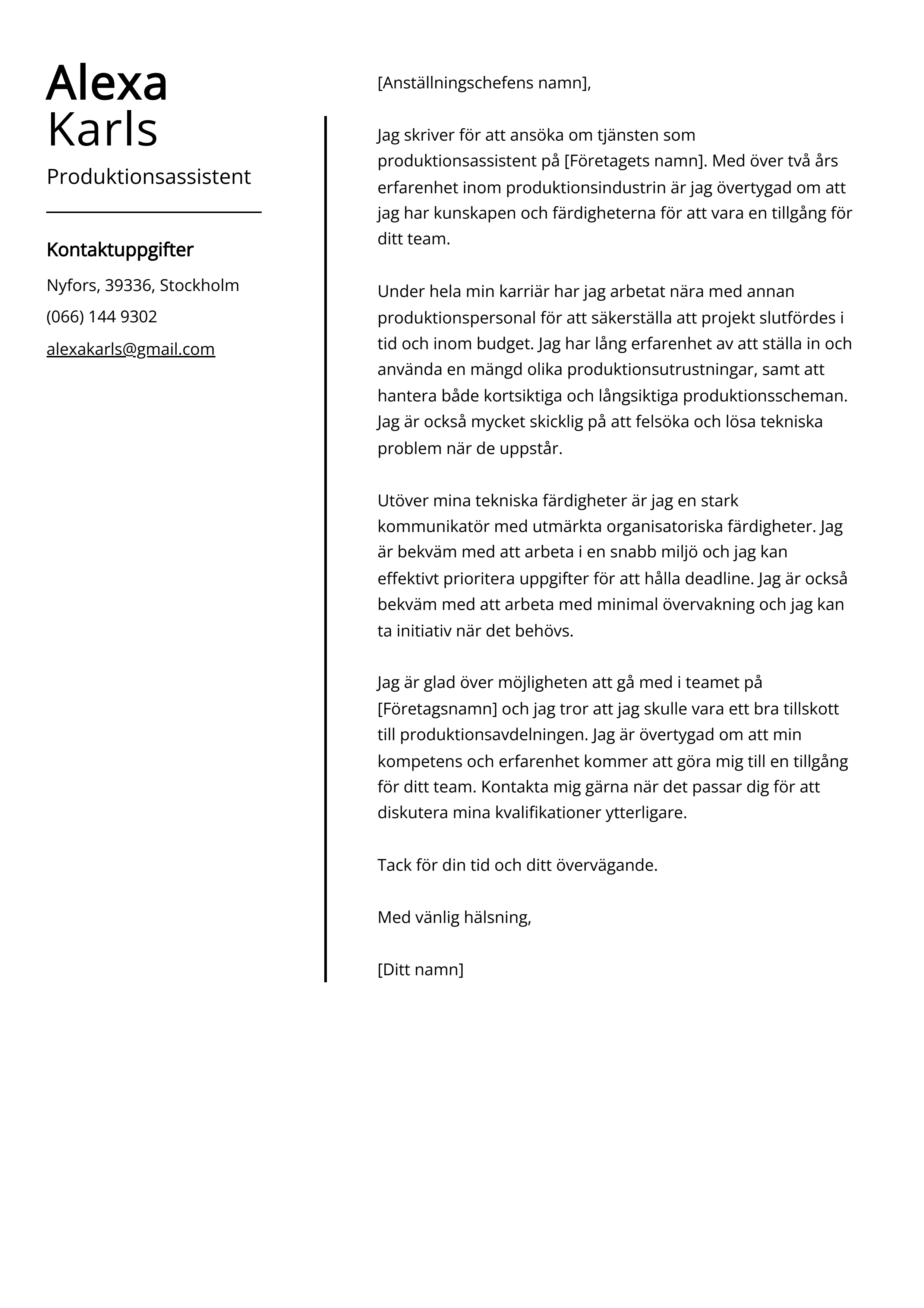 Produktionsassistent Följebrev Exempel