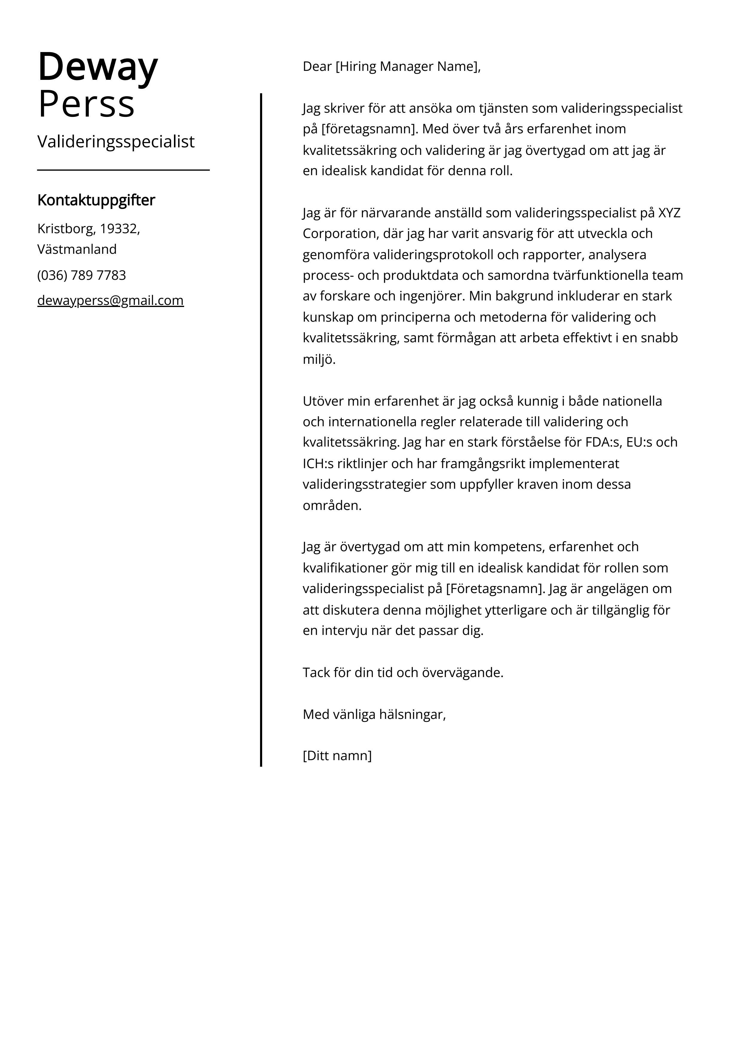 Valideringsspecialist Exempel på personligt brev