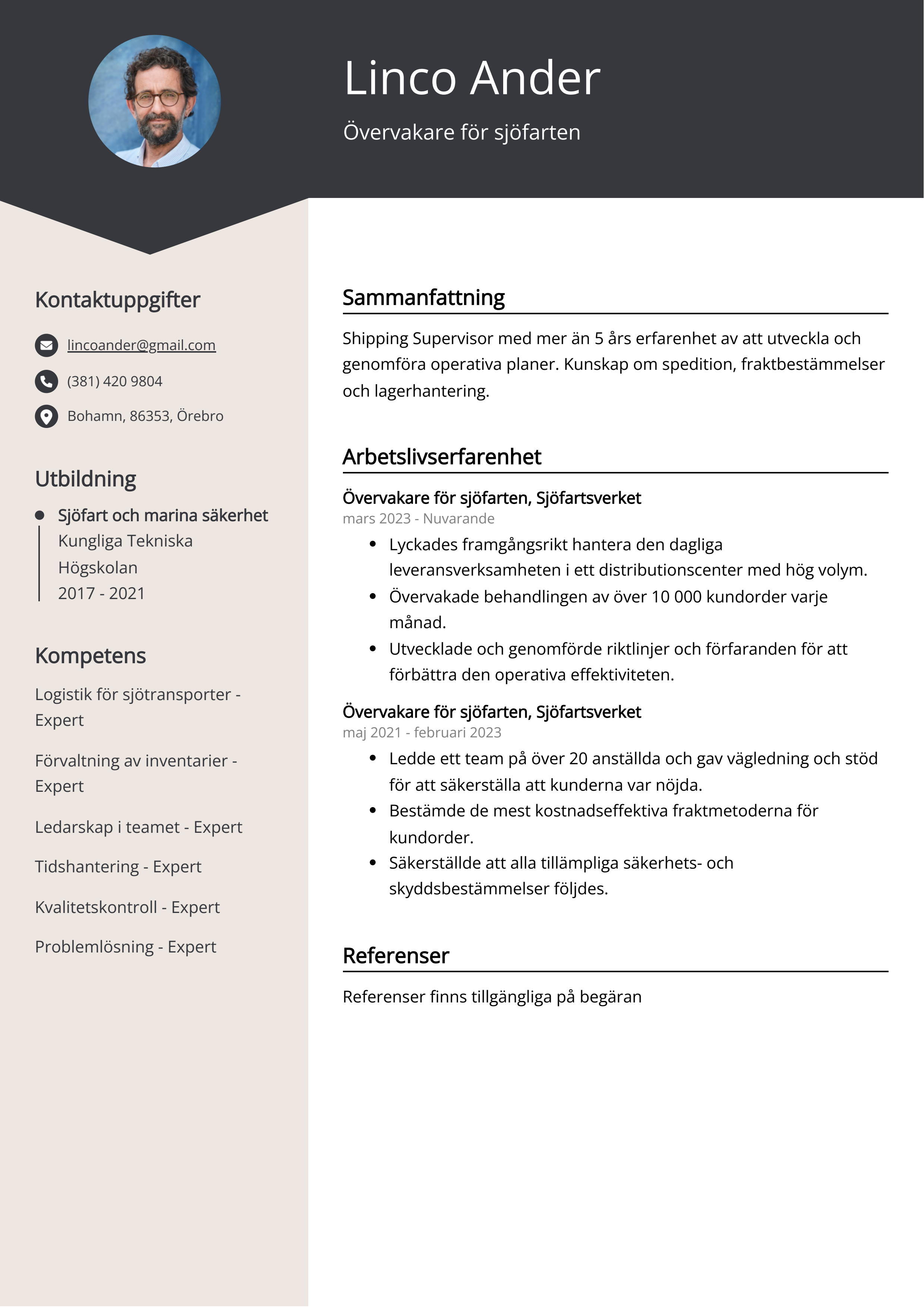 Övervakare för sjöfarten CV Exempel