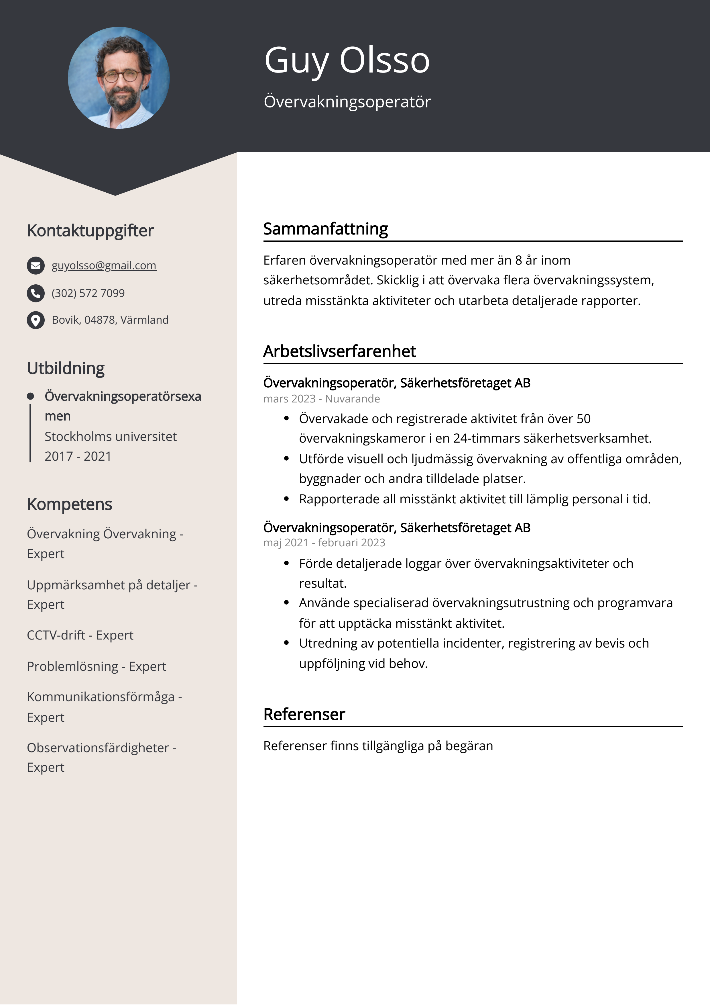 Övervakningsoperatör CV Exempel