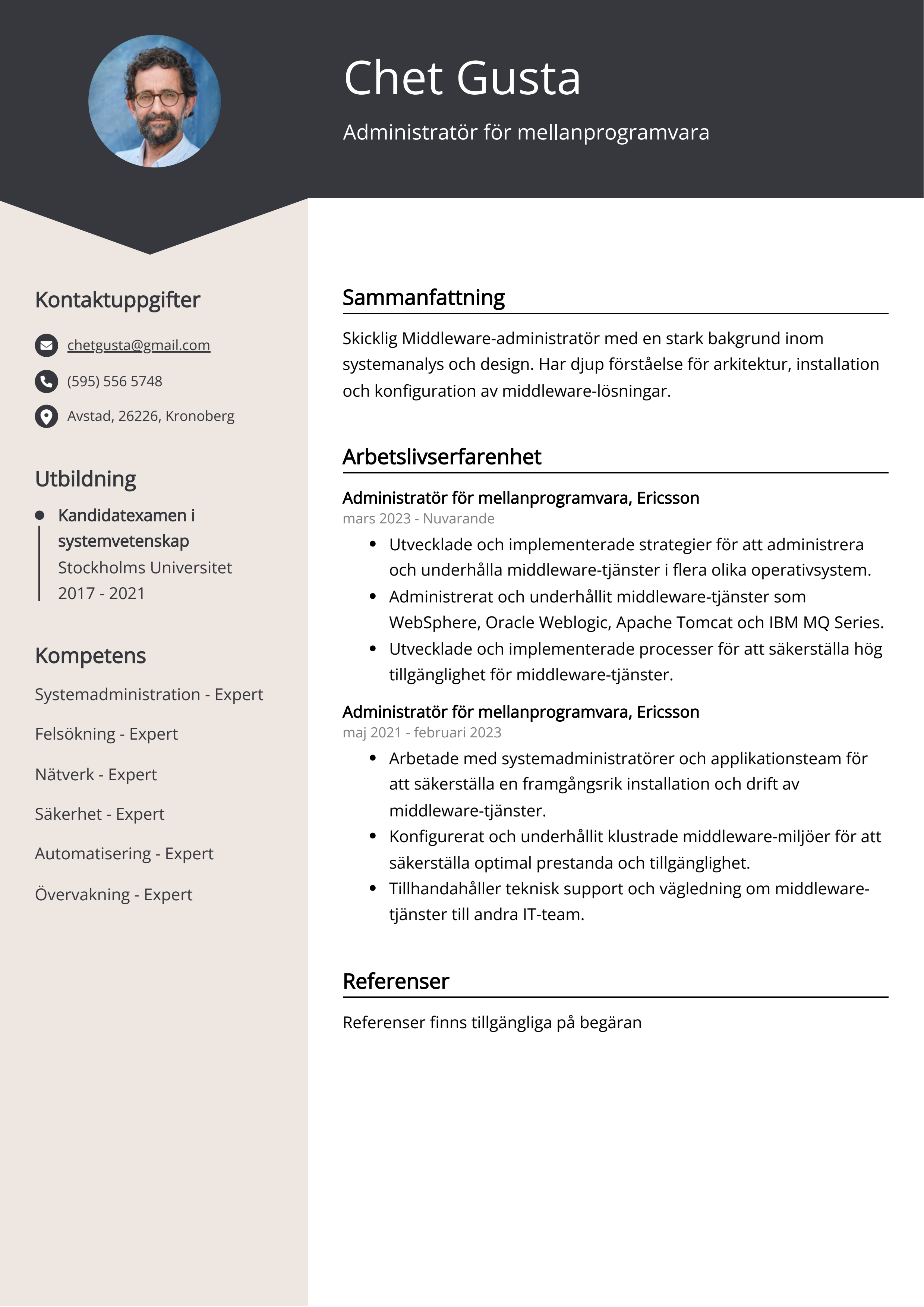 Administratör för mellanprogramvara Resumé Exempel