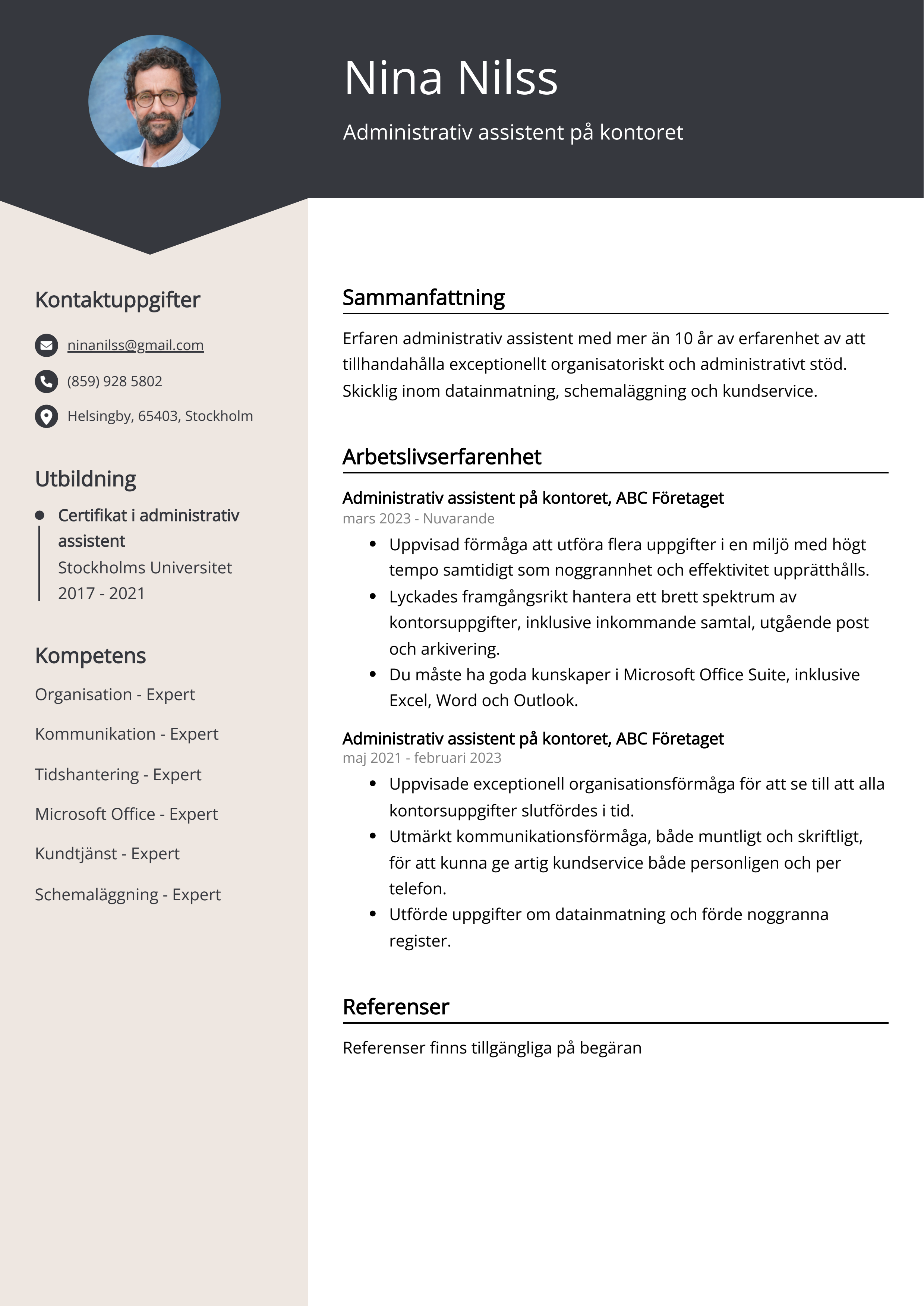 Administrativ assistent på kontoret Exempel på CV