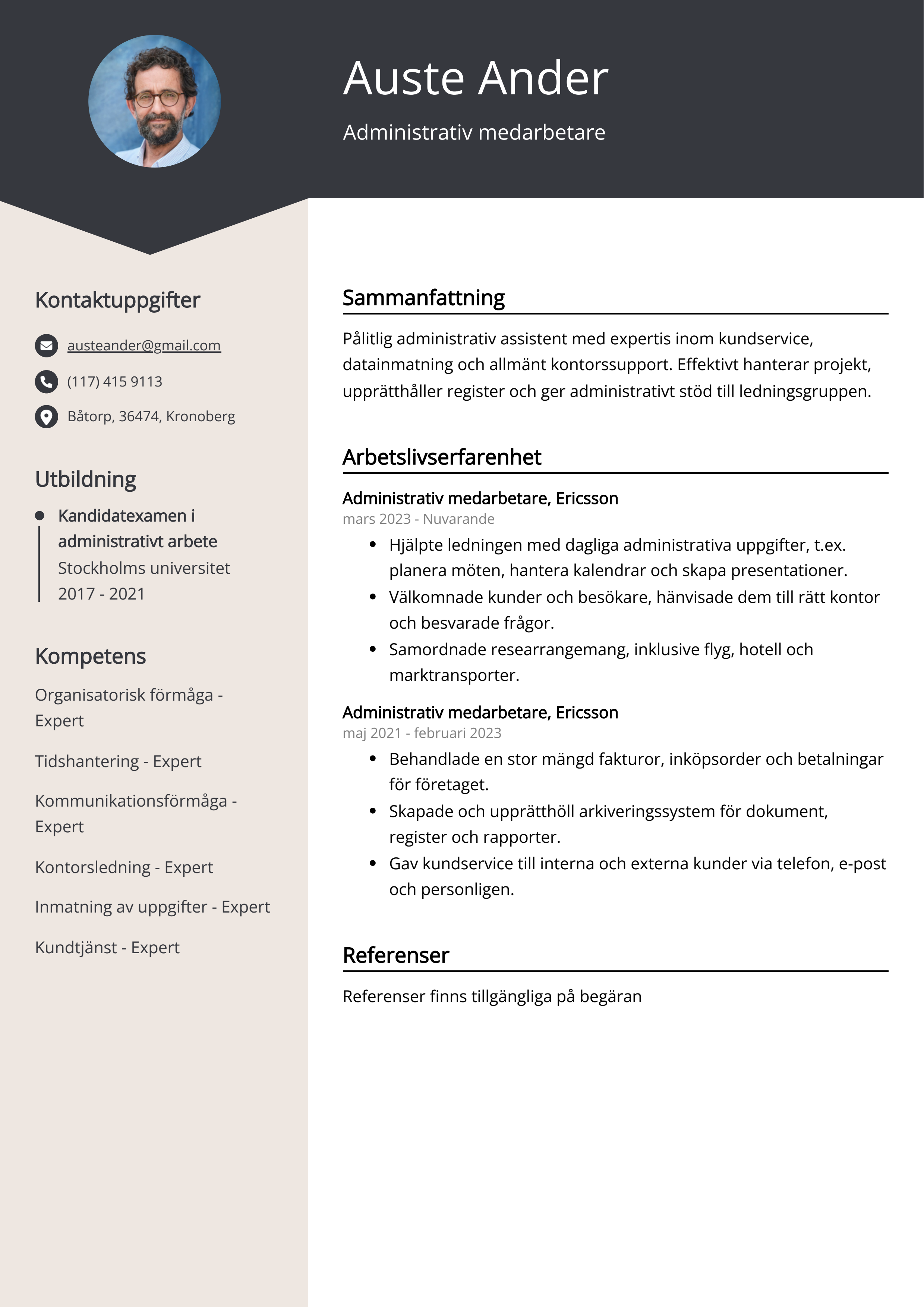 Administrativ medarbetare CV Exempel