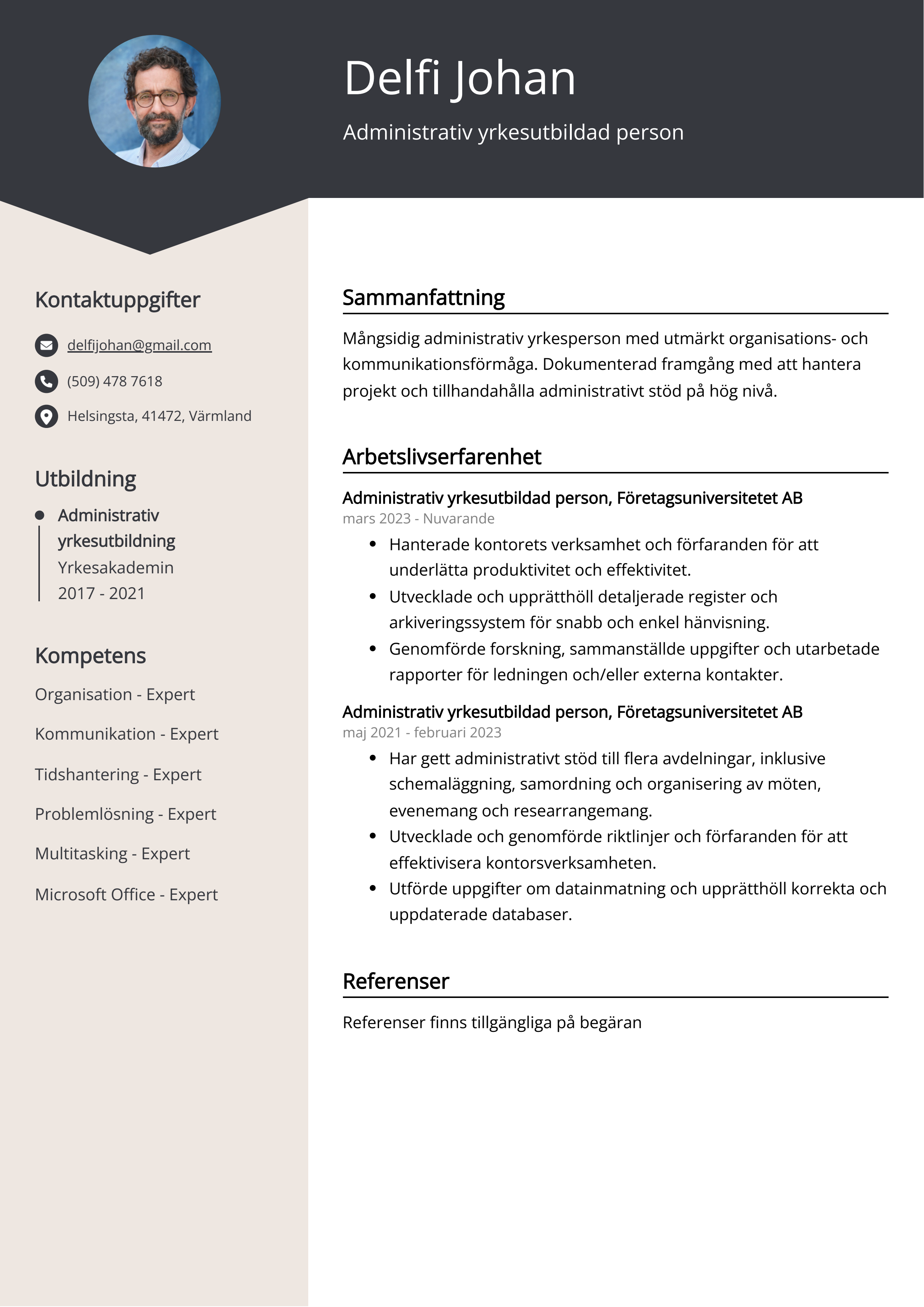 Administrativ yrkesutbildad person CV Exempel