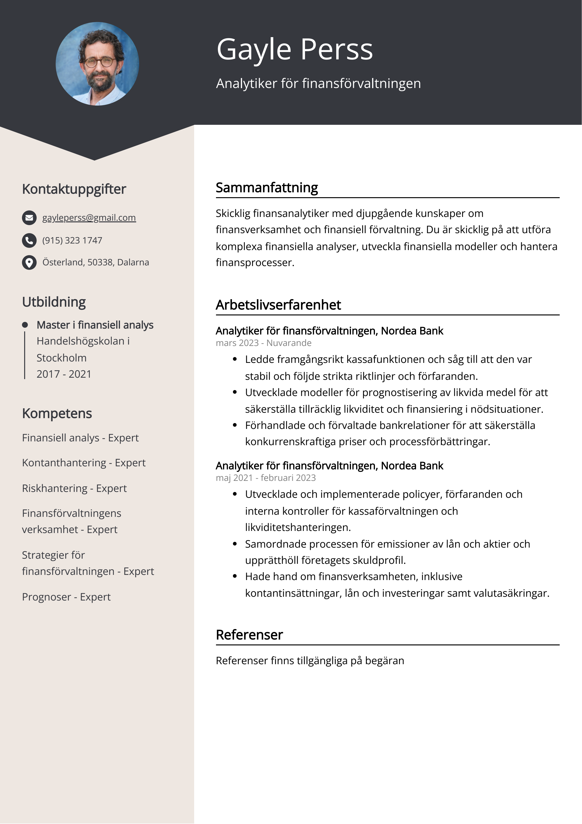 Analytiker för finansförvaltningen CV Exempel