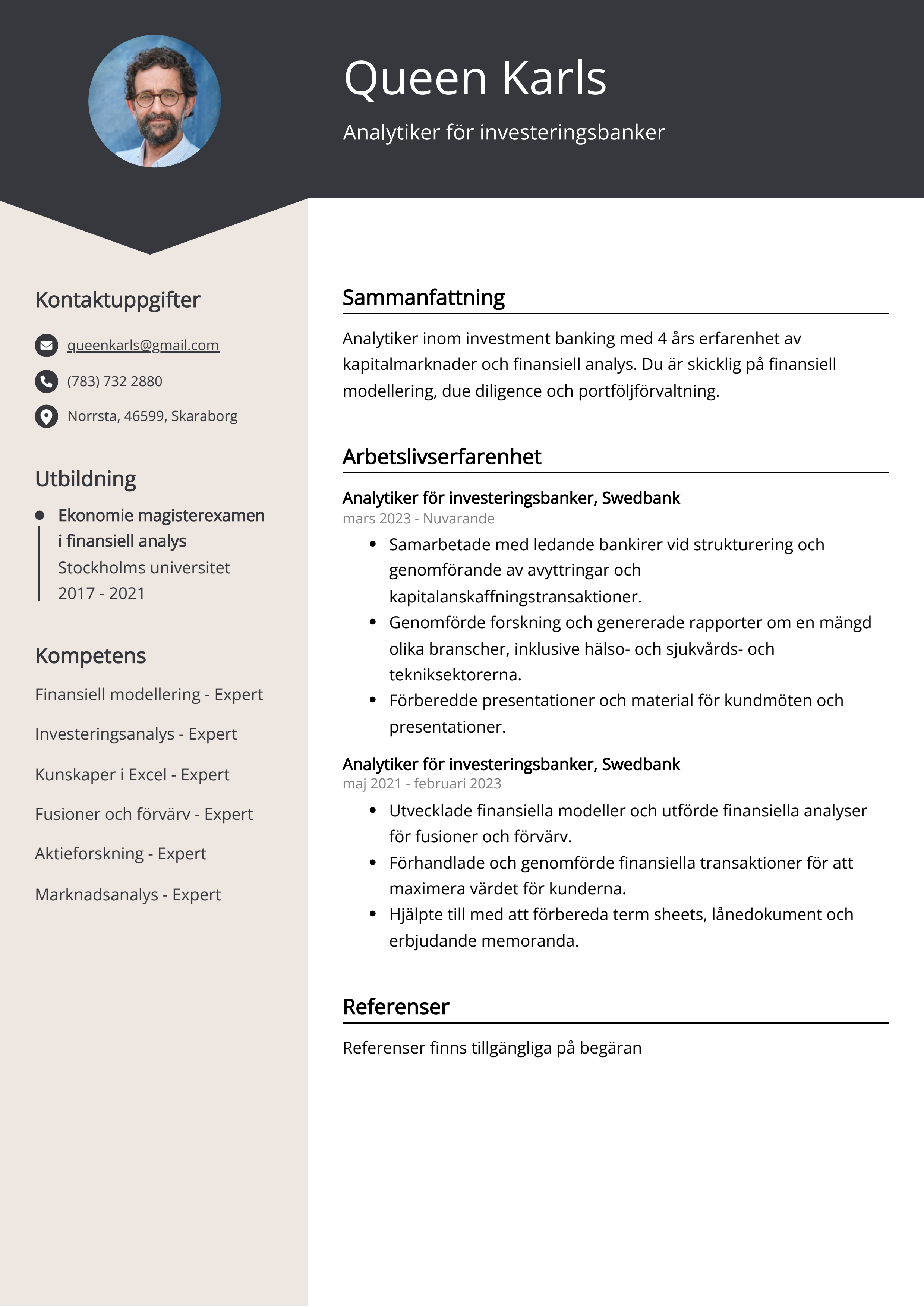 Analytiker för investeringsbanker CV Exempel