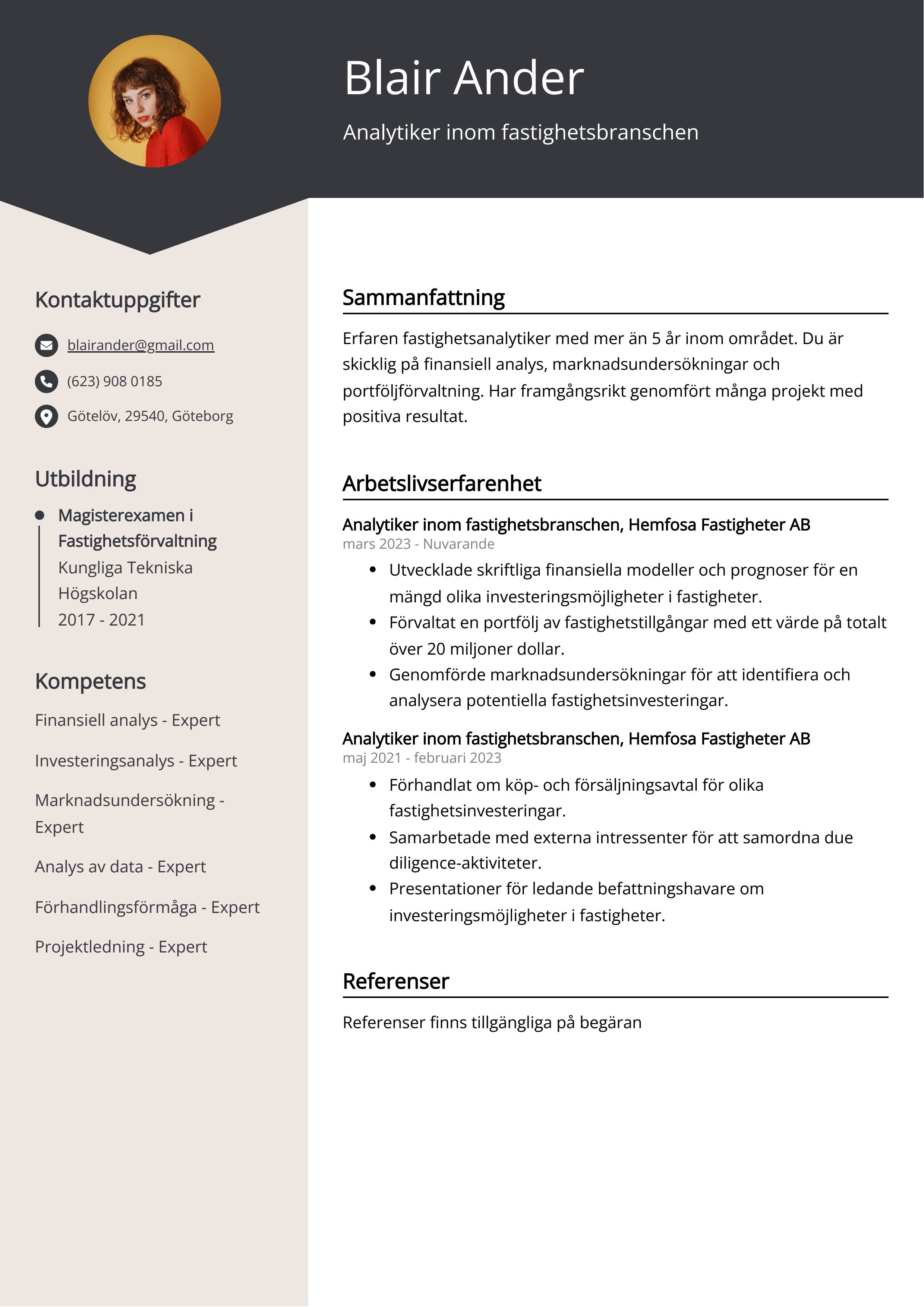 Analytiker inom fastighetsbranschen CV Exempel