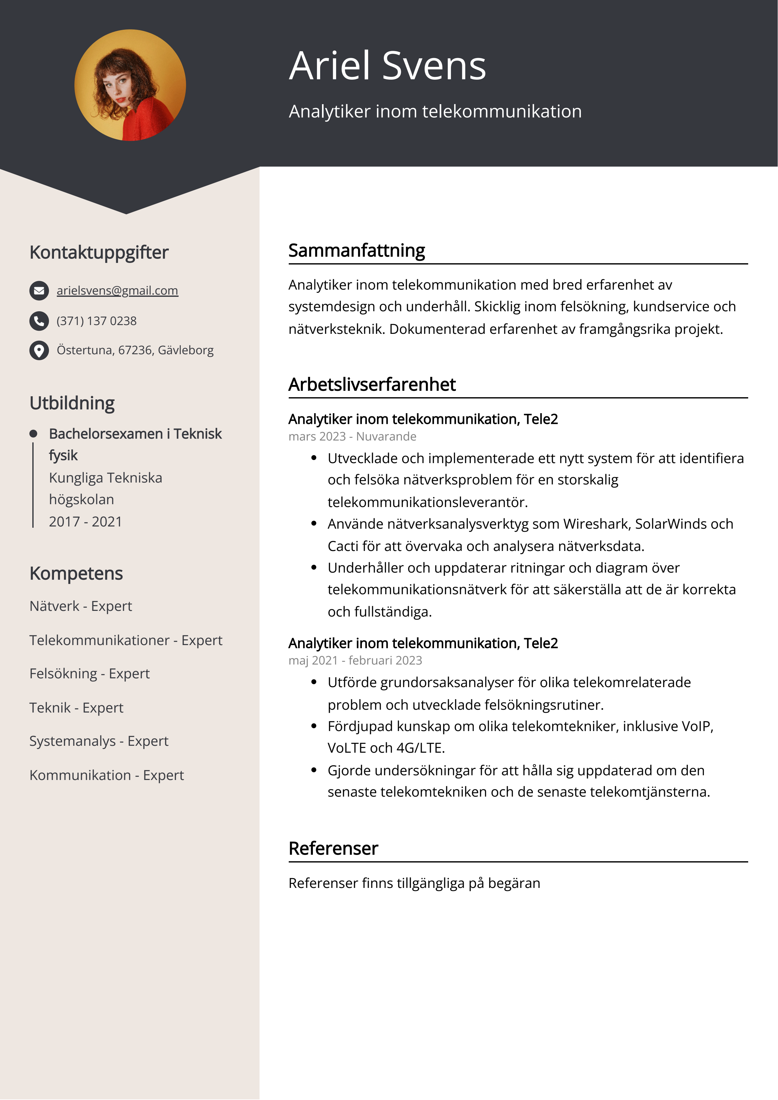 Analytiker inom telekommunikation CV Exempel