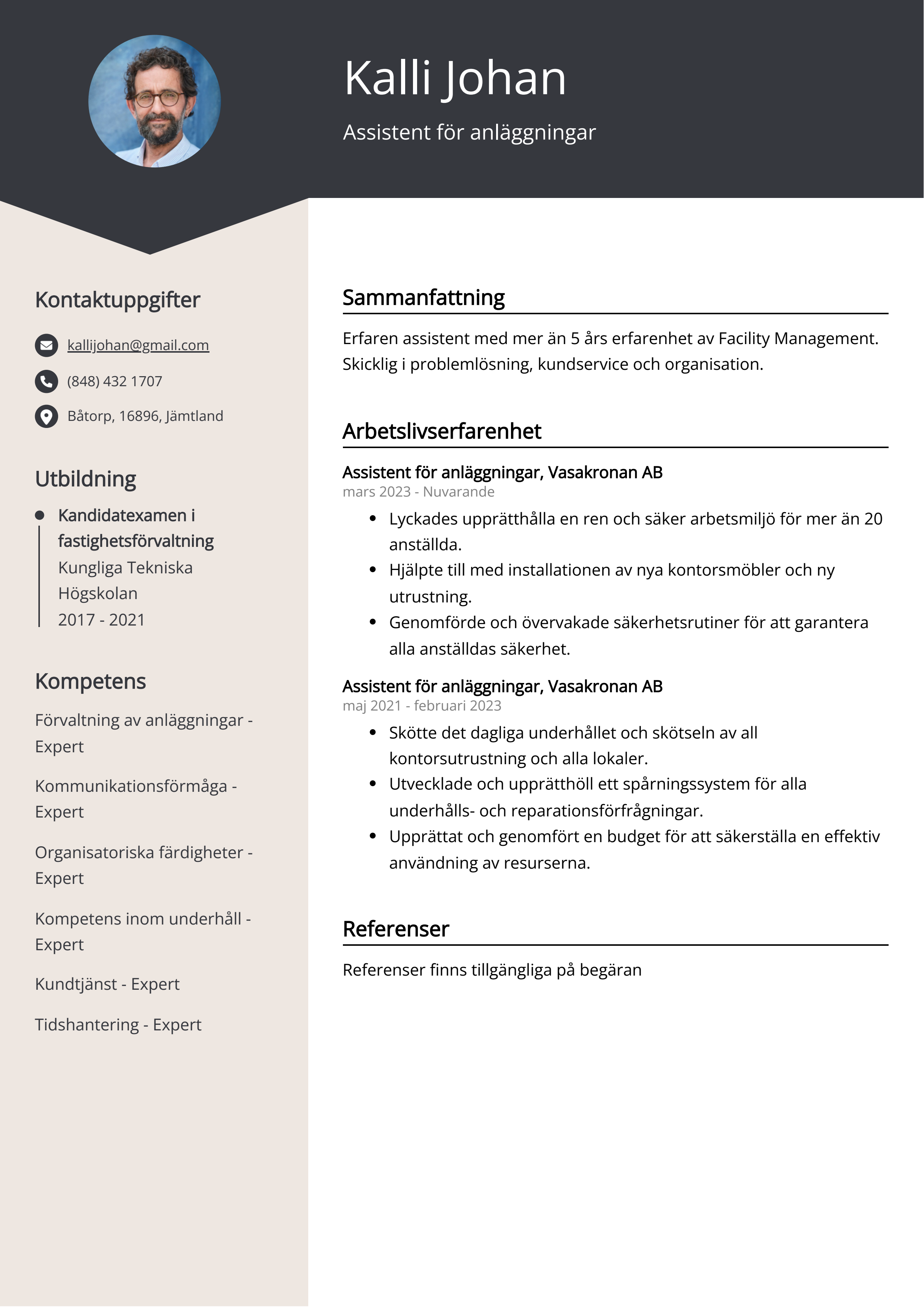 Assistent för anläggningar CV Exempel