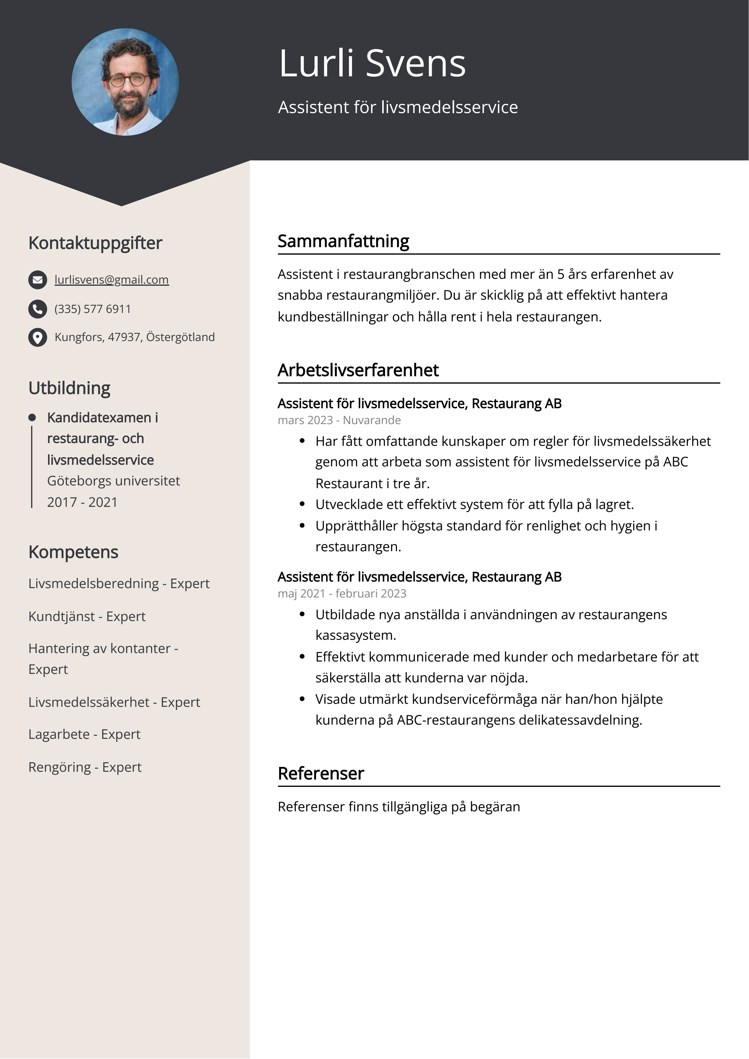 Assistent för livsmedelsservice CV Exempel