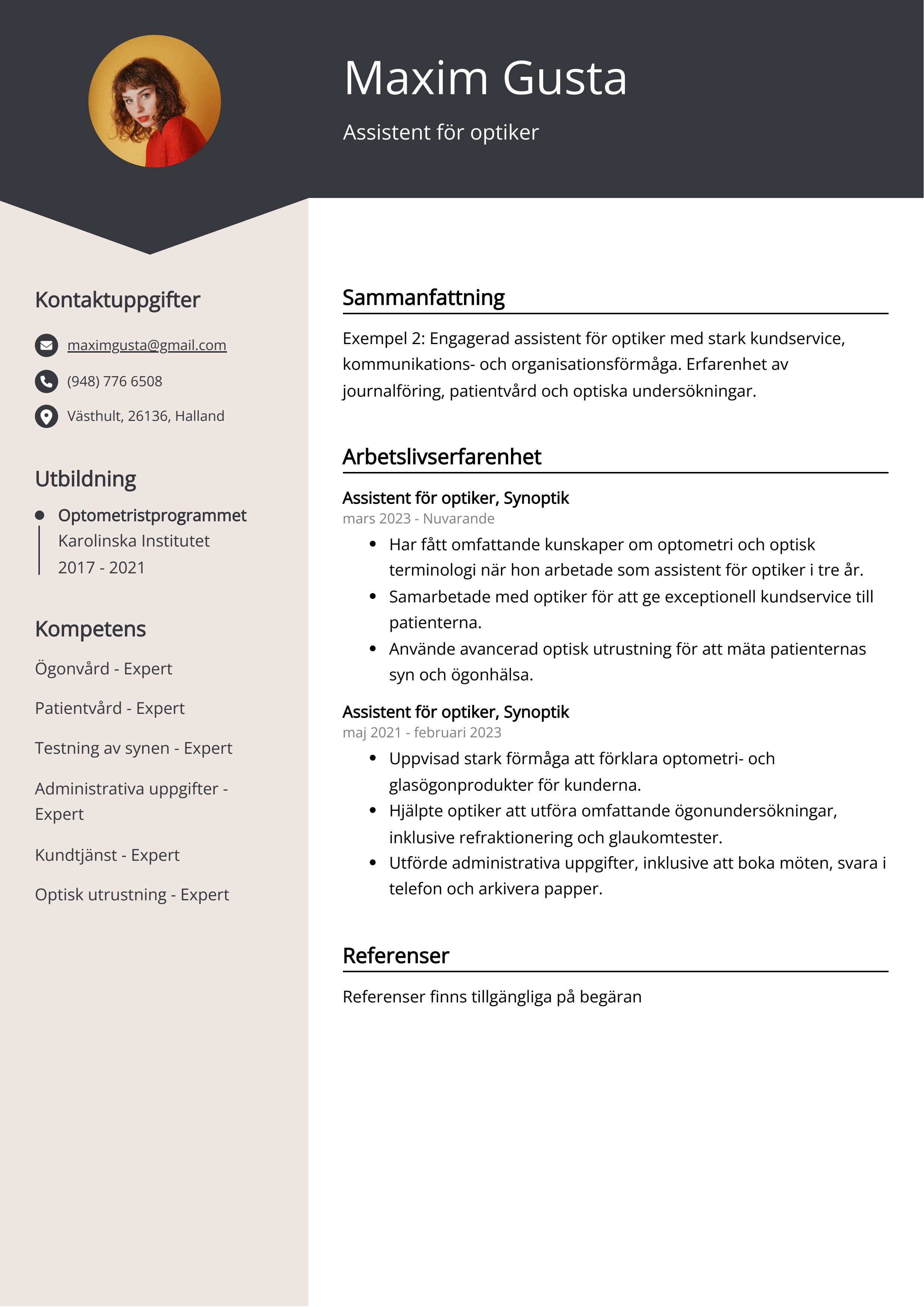 Assistent för optiker CV Exempel