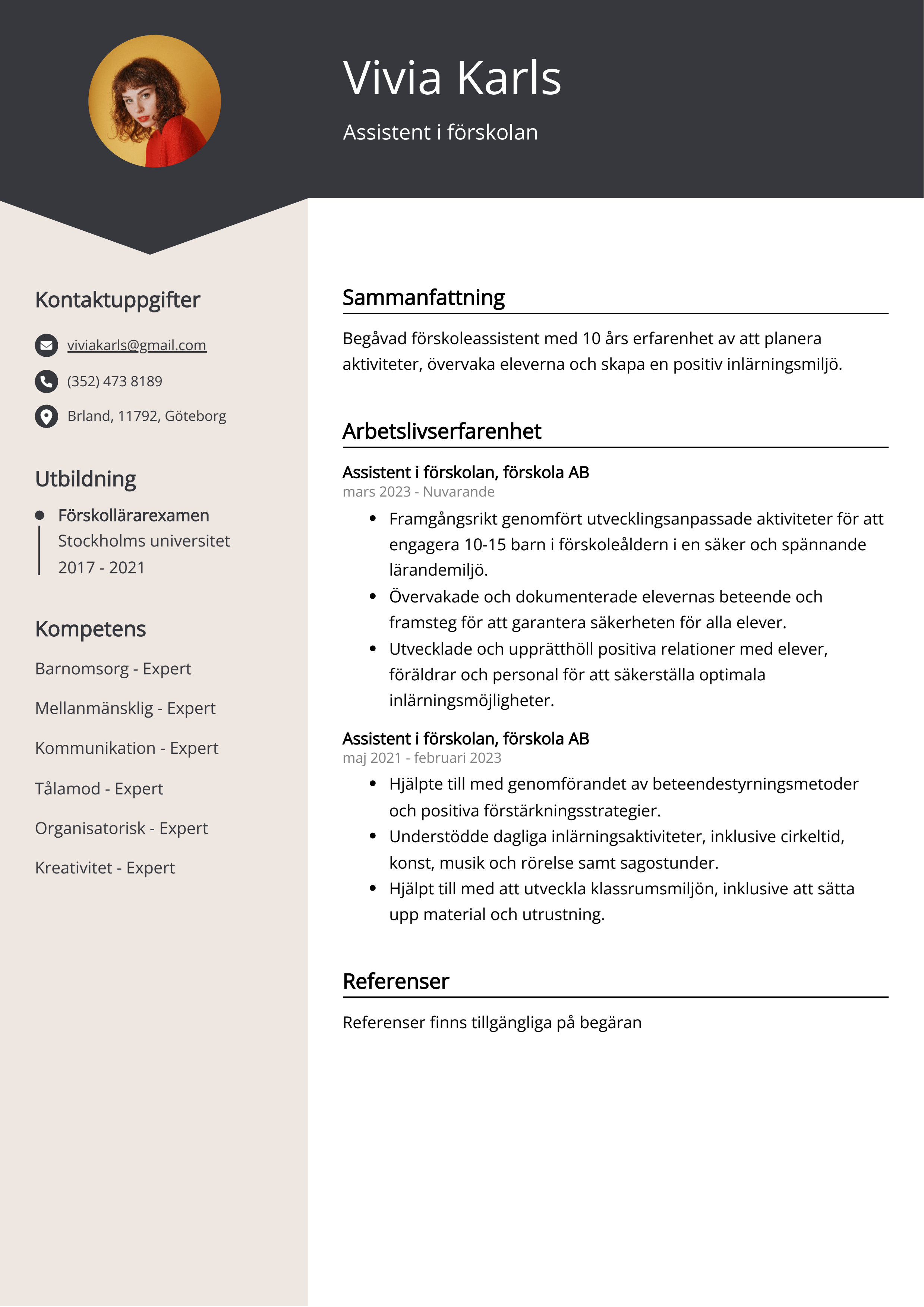 Assistent i förskolan Exempel på CV