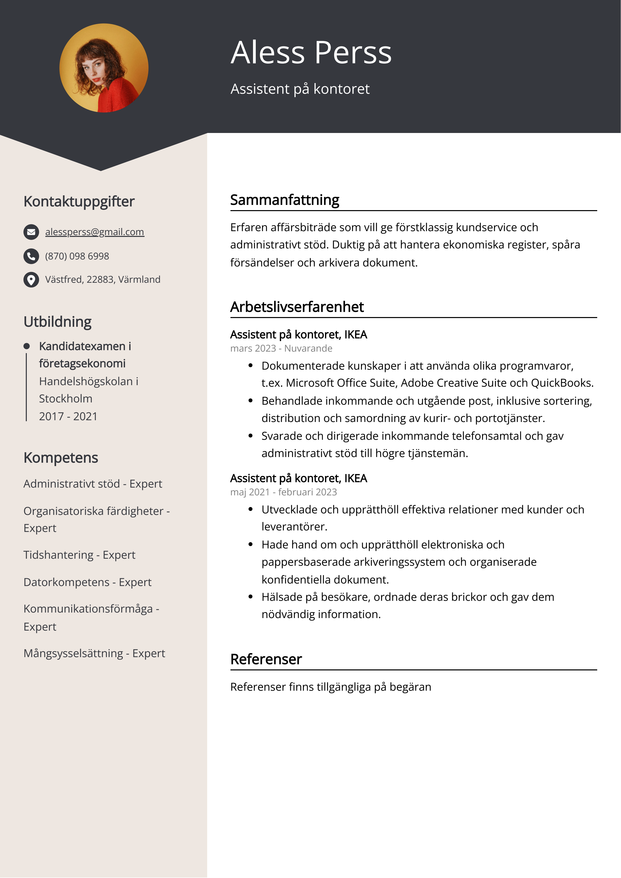 Assistent på kontoret CV Exempel