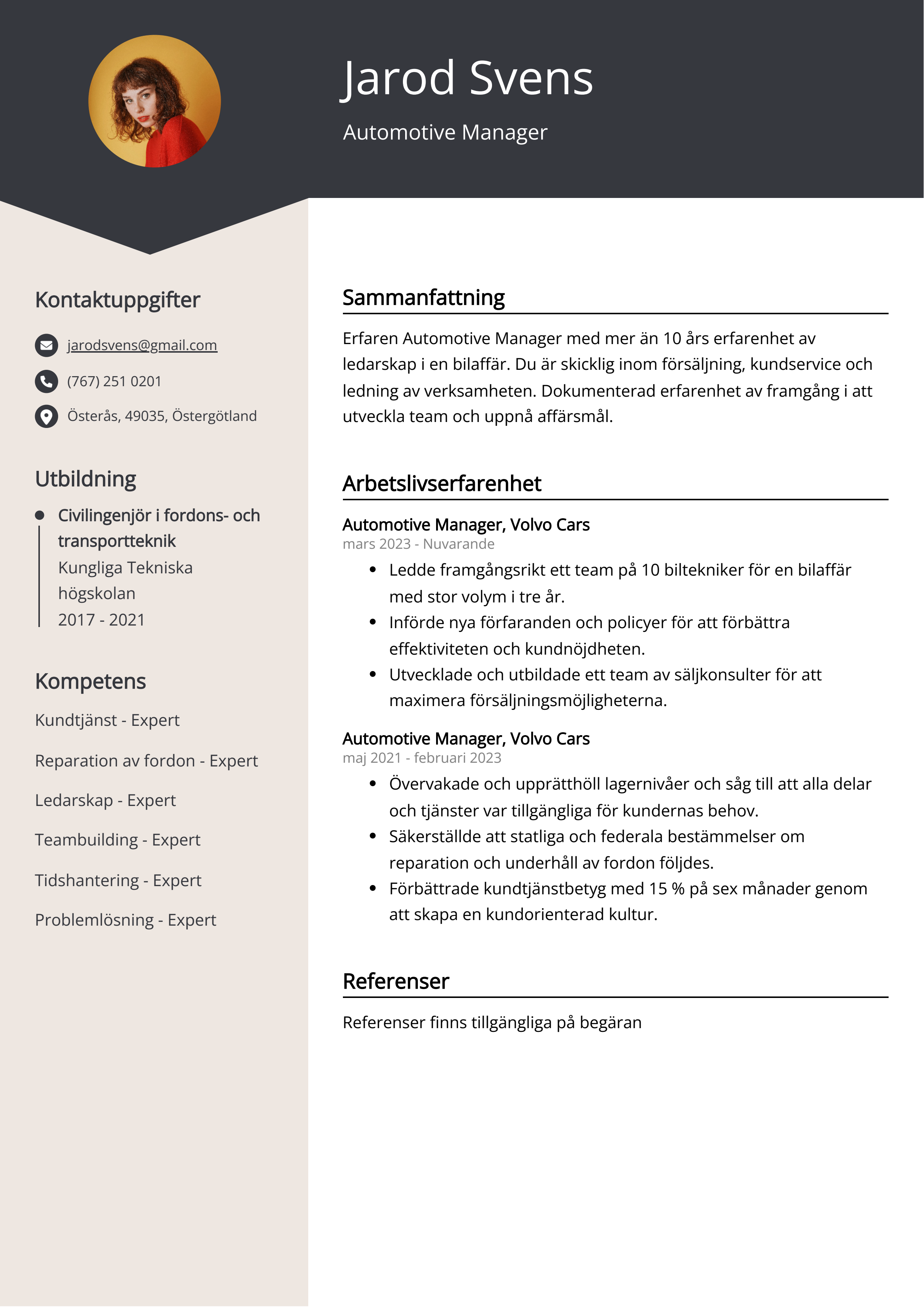 Automotive Manager Exempel på CV