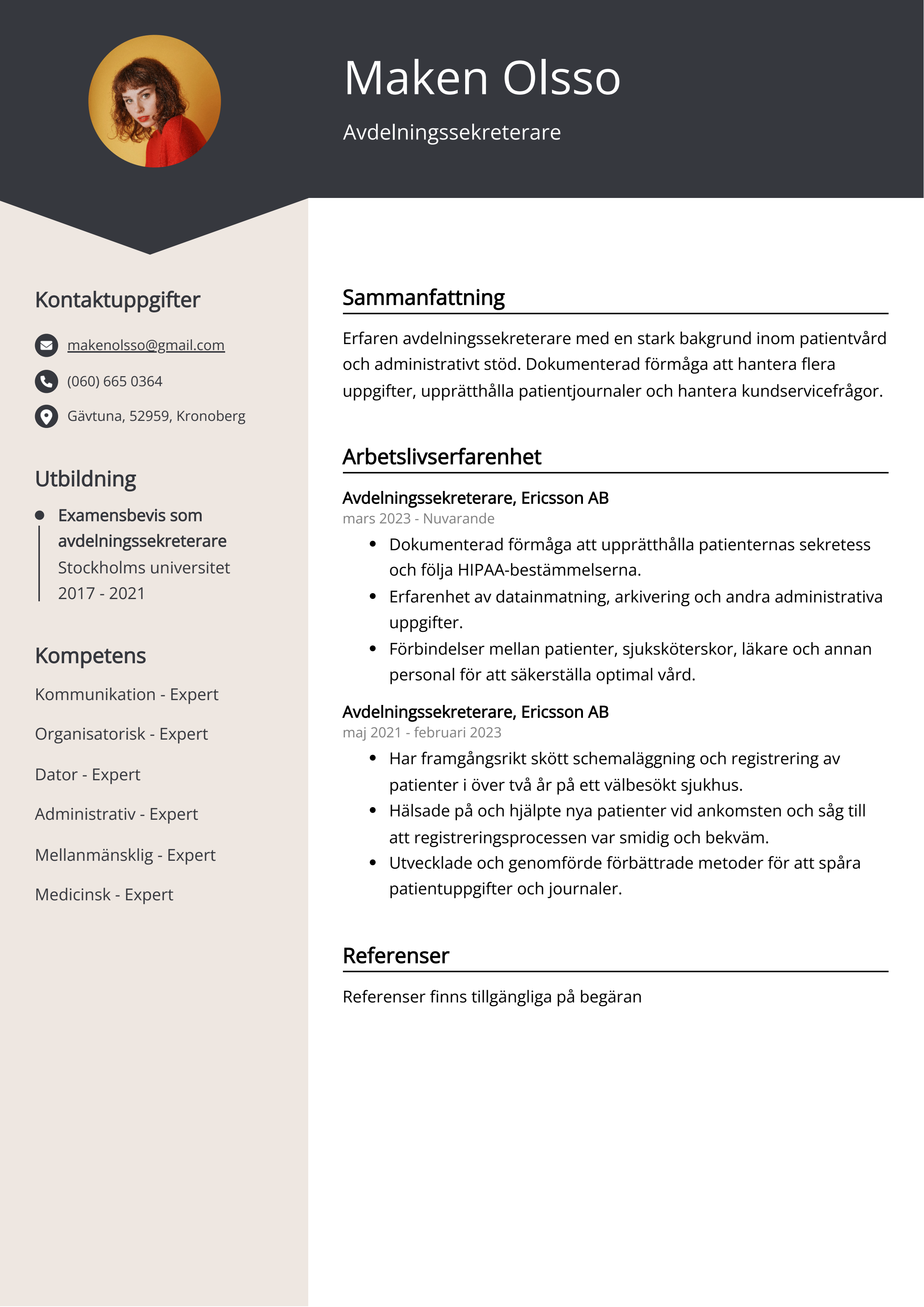 Avdelningssekreterare CV Exempel