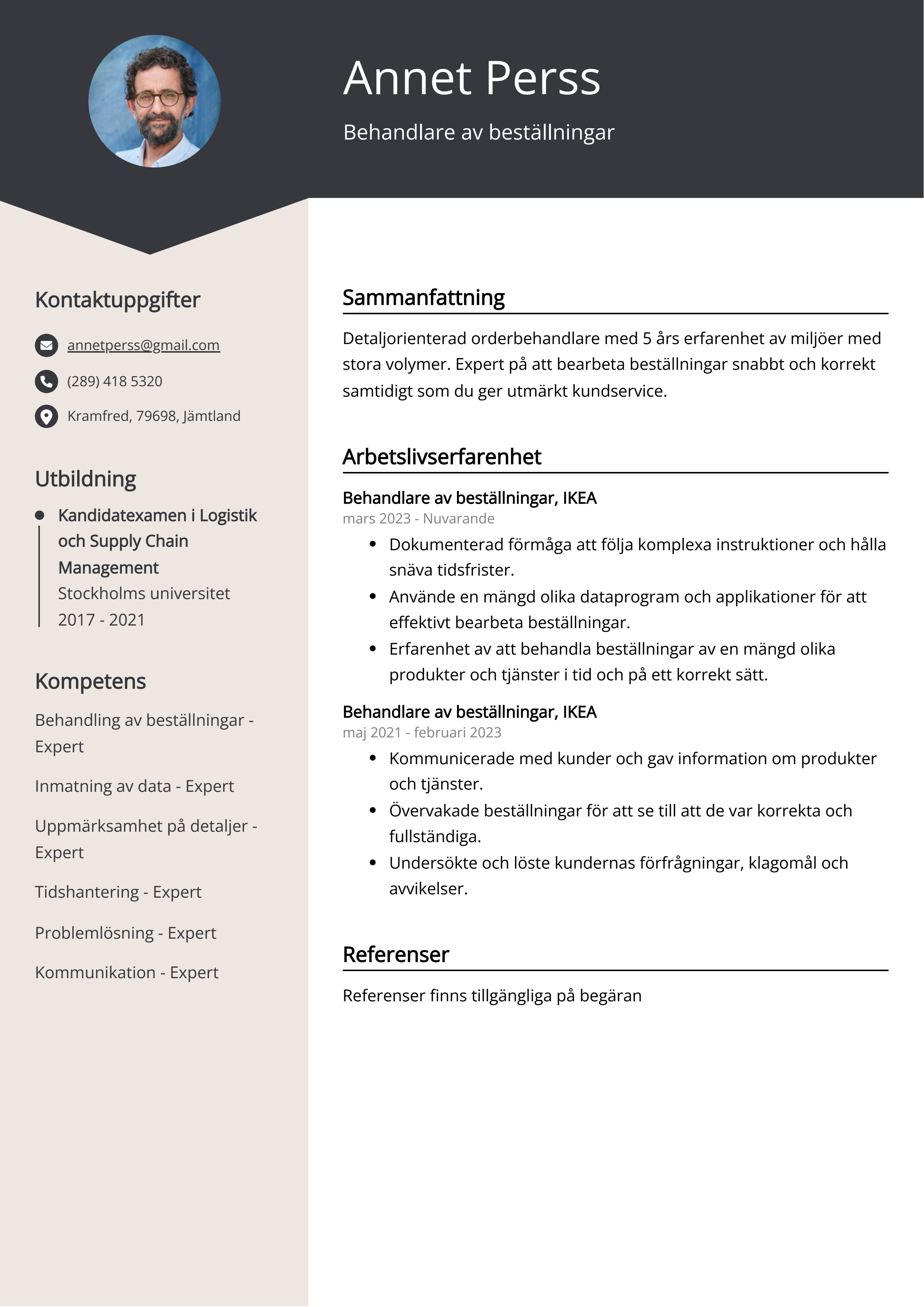 Behandlare av beställningar Resumé Exempel