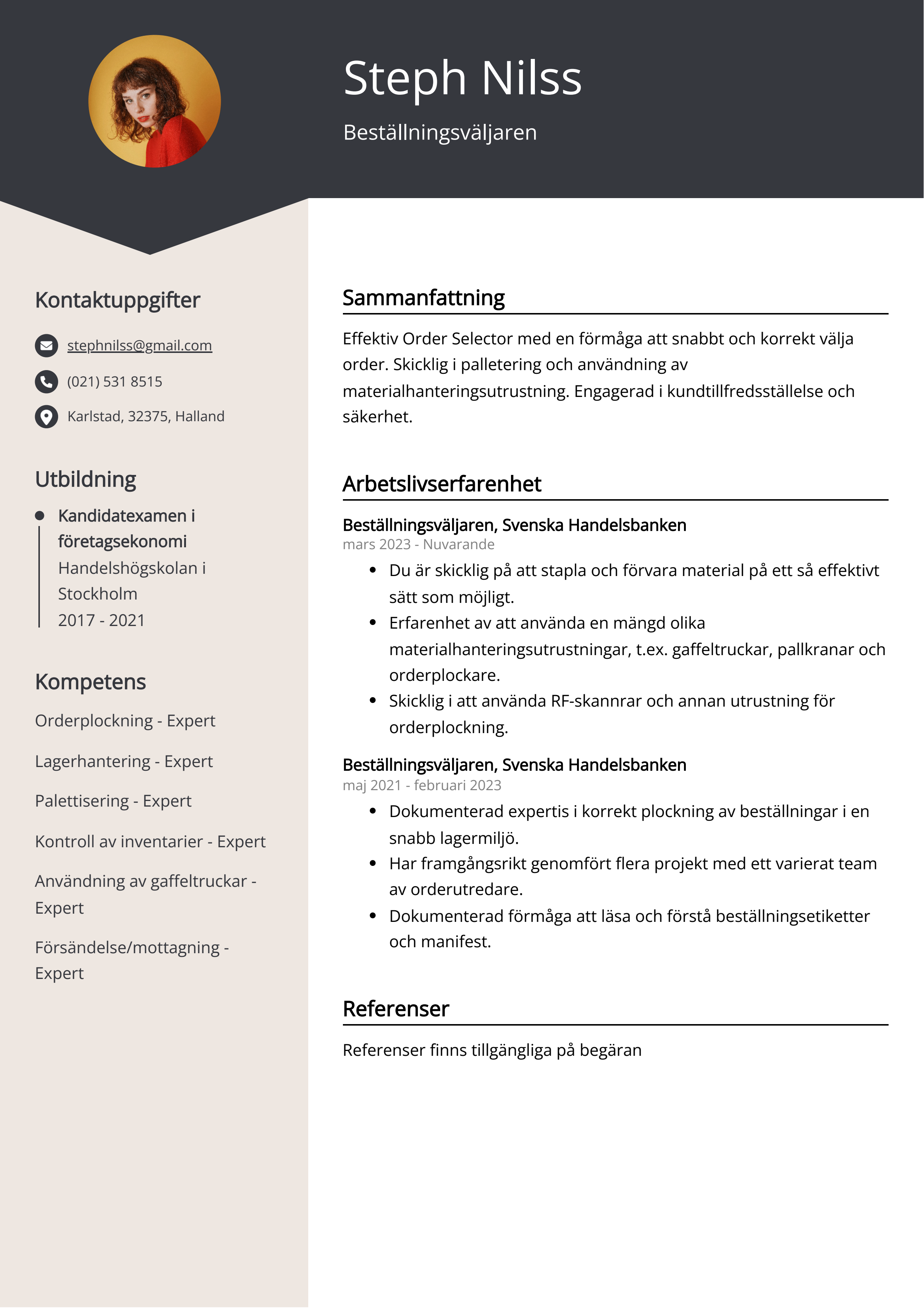 Beställningsväljaren CV Exempel