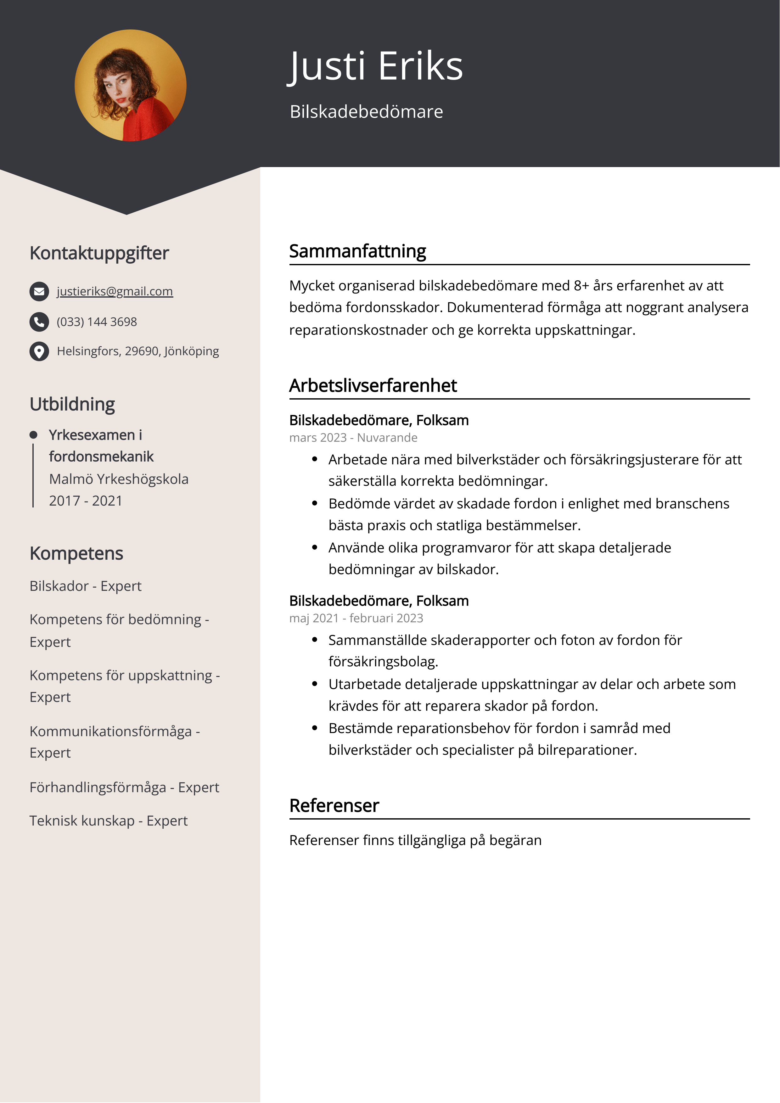 Bilskadebedömare CV Exempel