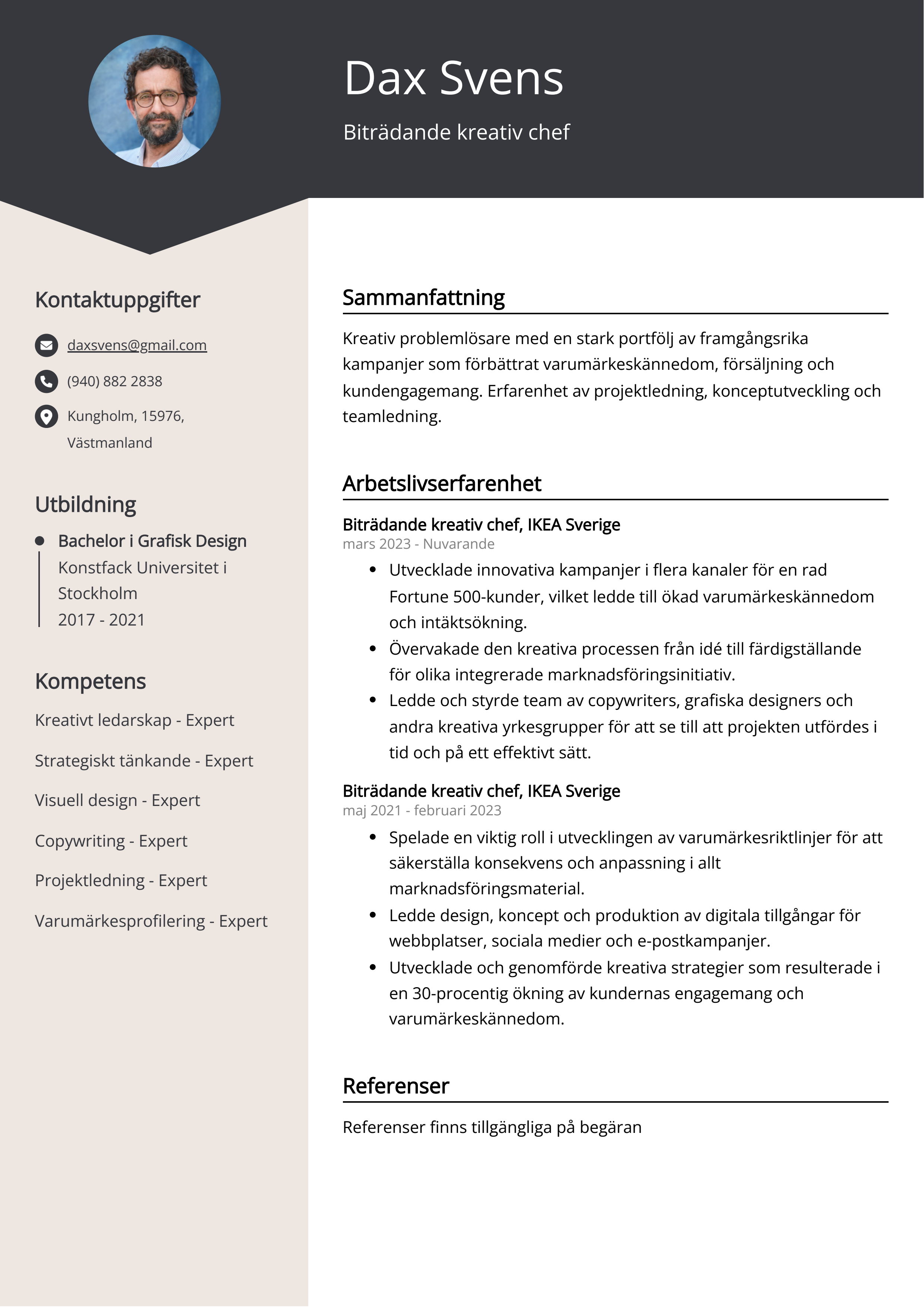 Biträdande kreativ kock CV exempel