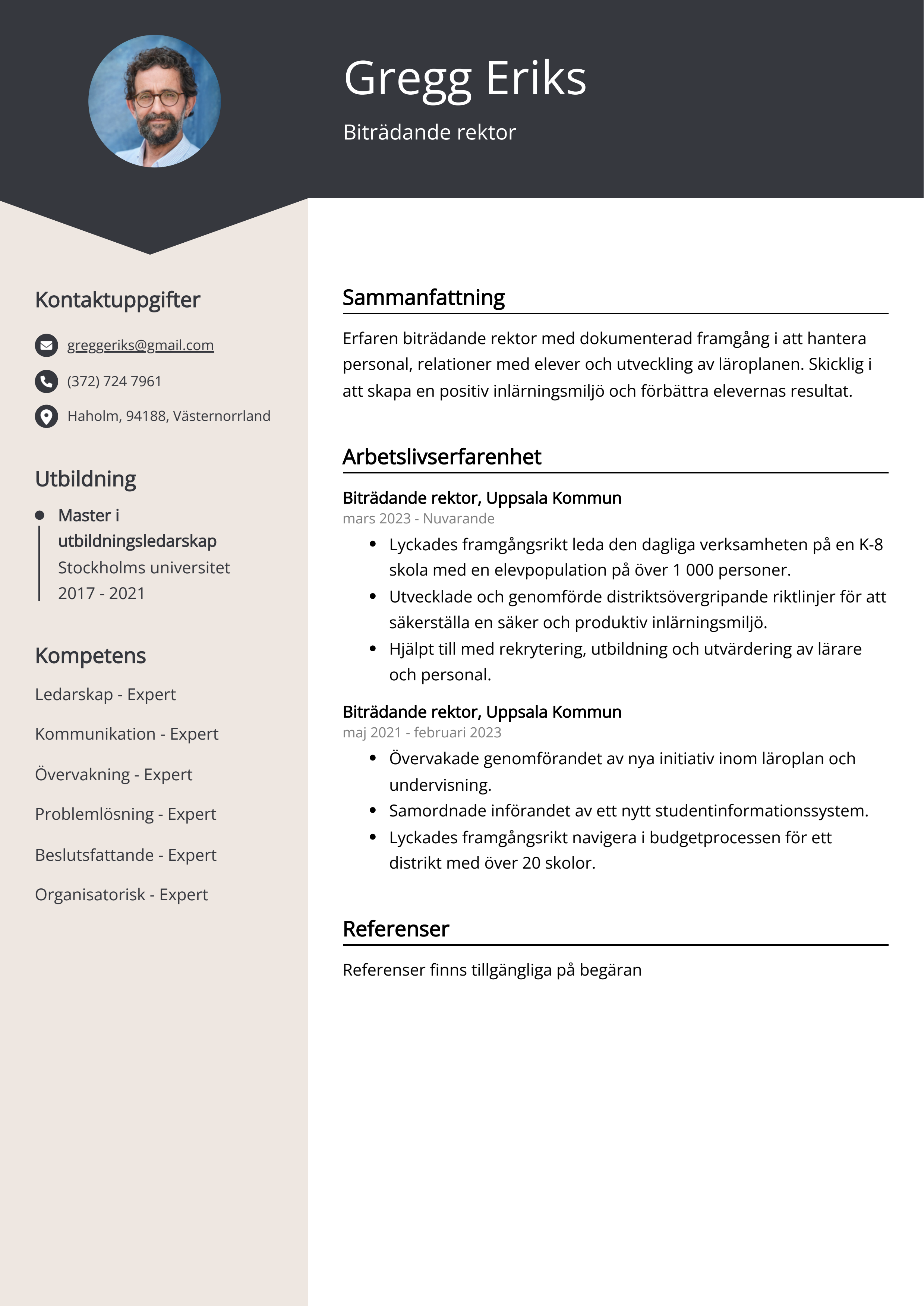 Biträdande rektor CV Exempel