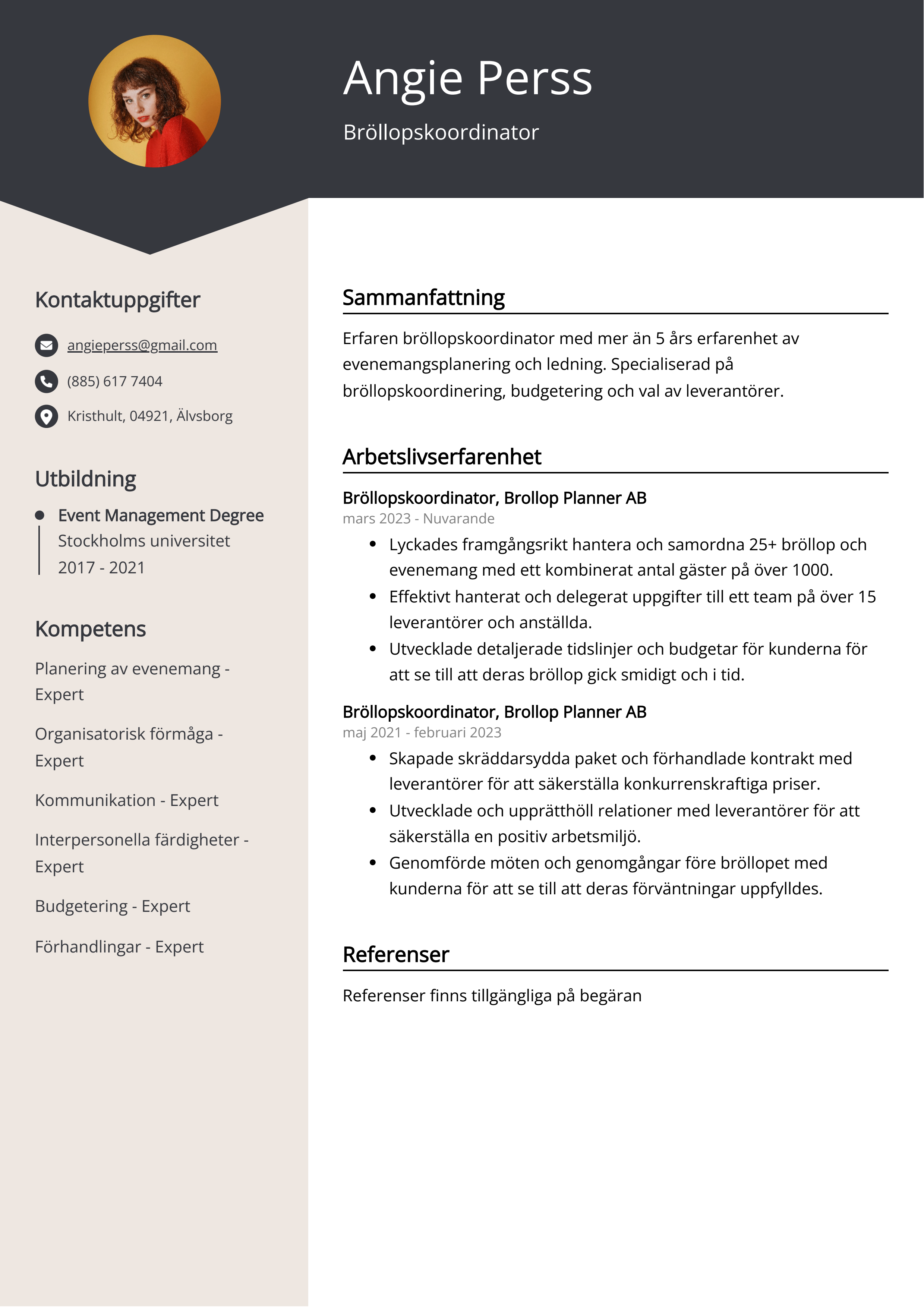 Bröllopskoordinator CV Exempel