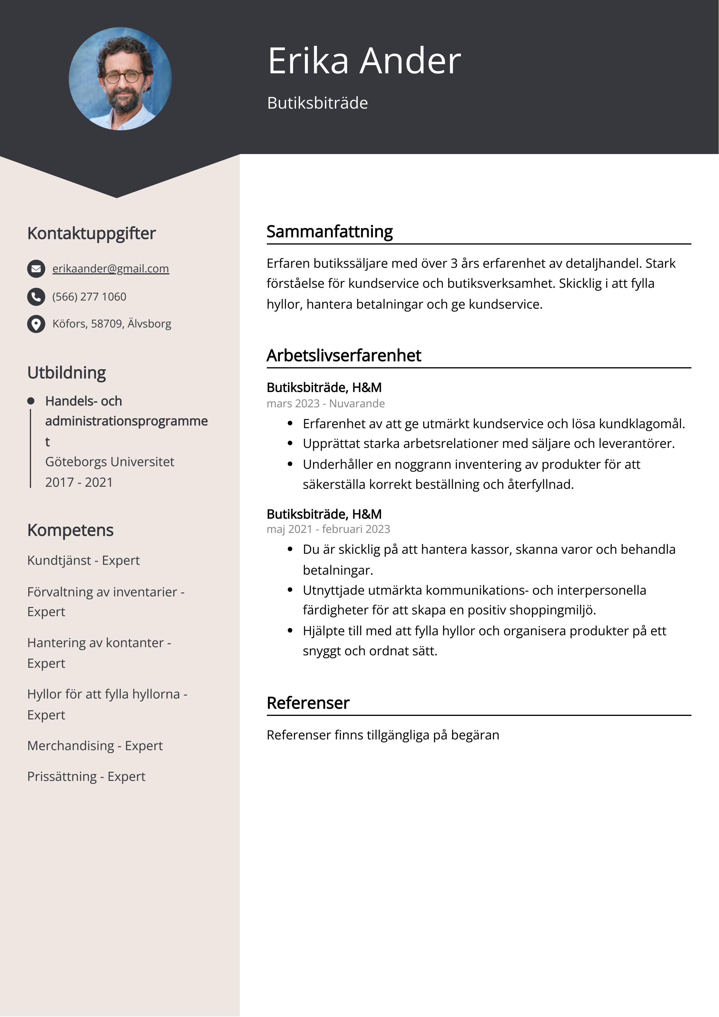 Butiksbiträde CV Exempel