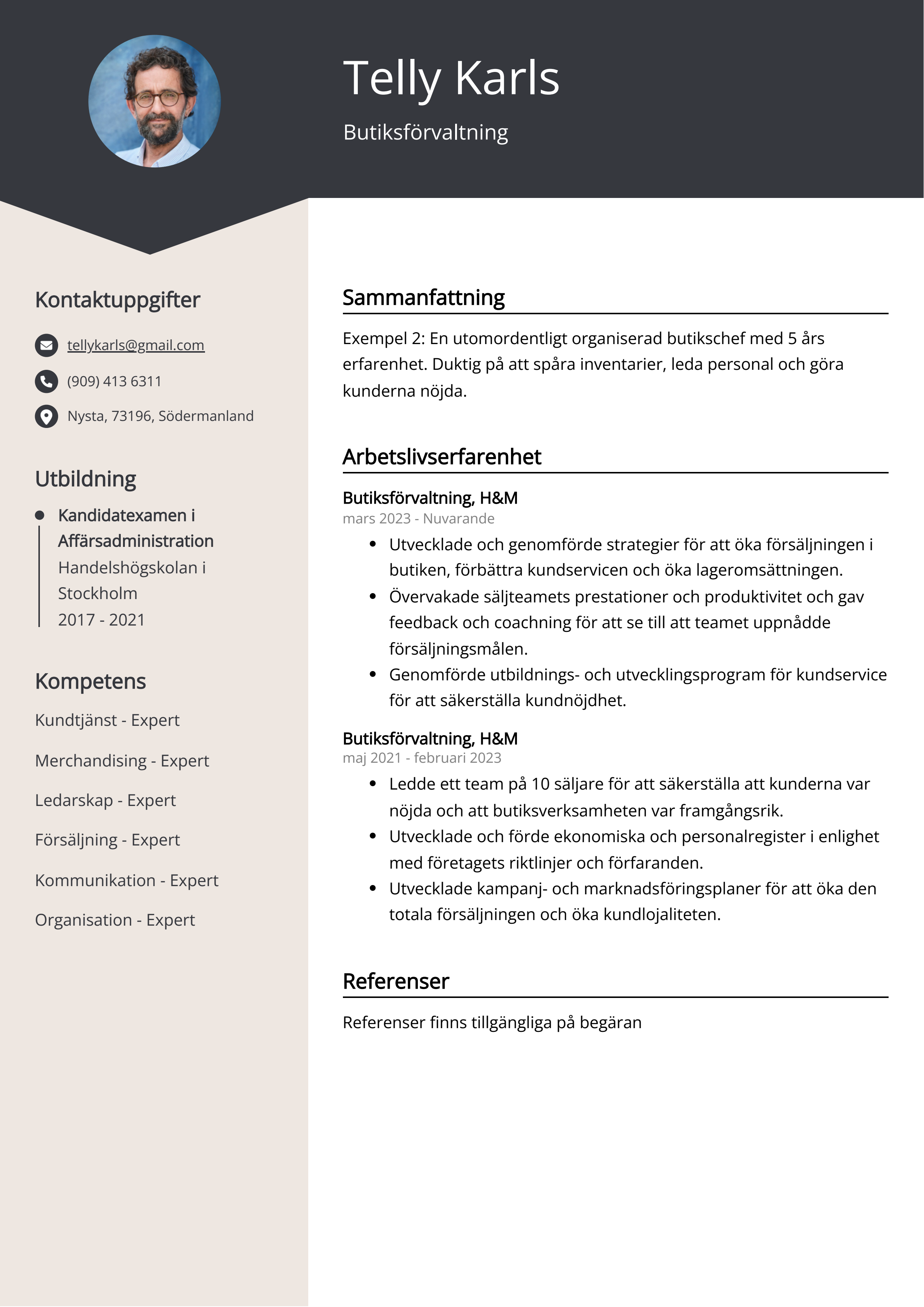 Butiksförvaltning CV Exempel