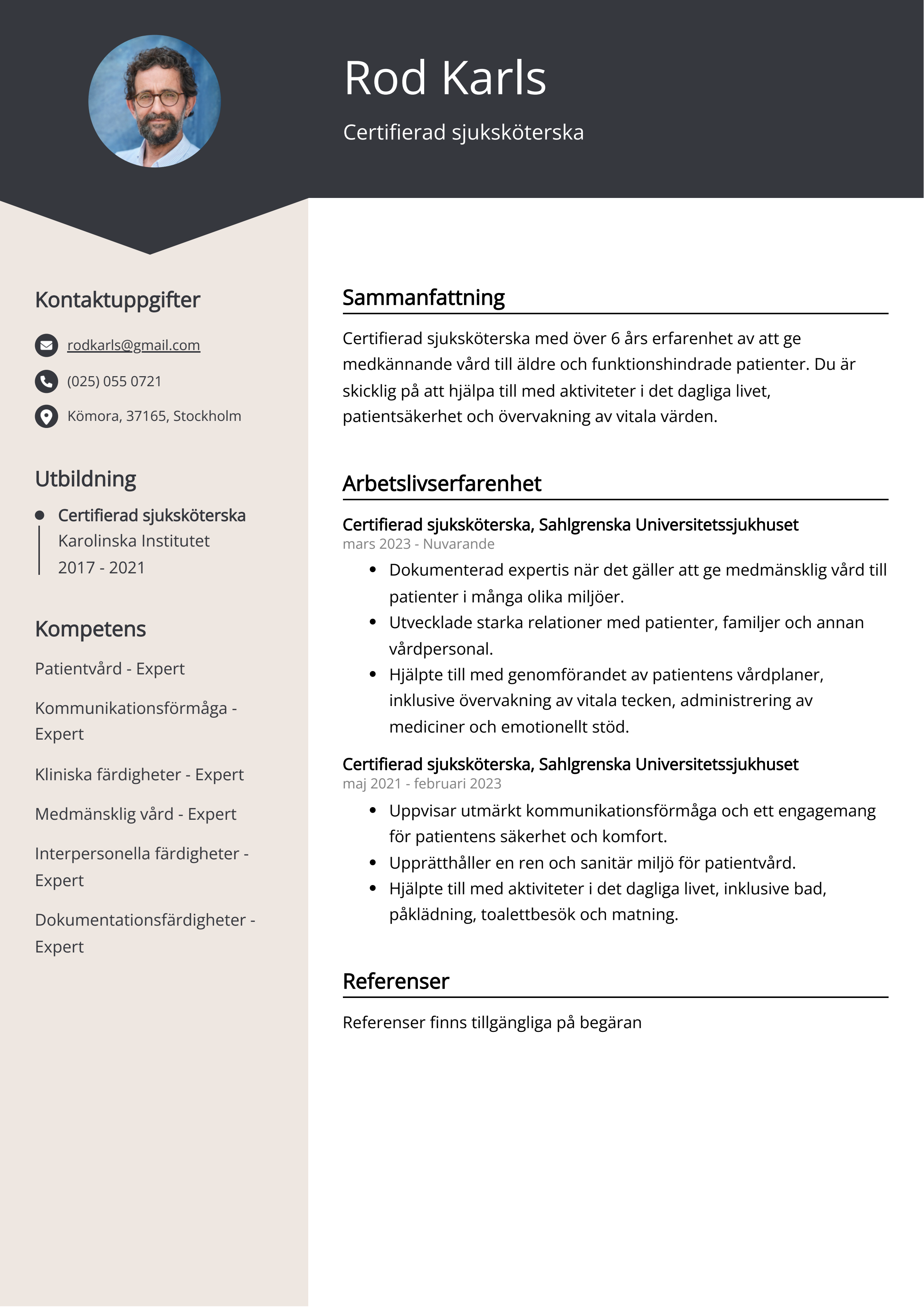 Certifierad sjuksköterska CV Exempel