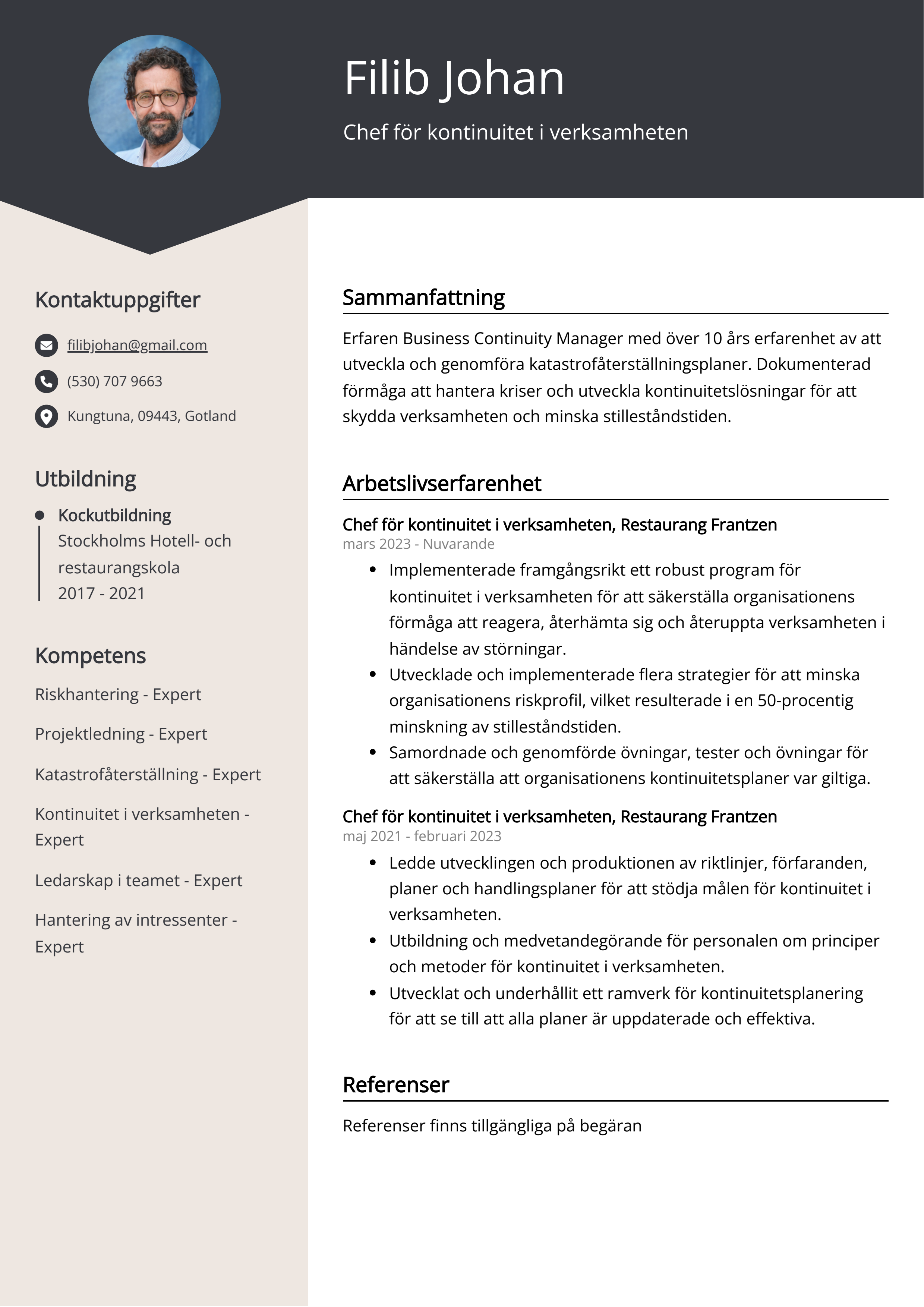 Chef för kontinuitet i verksamheten CV Exempel