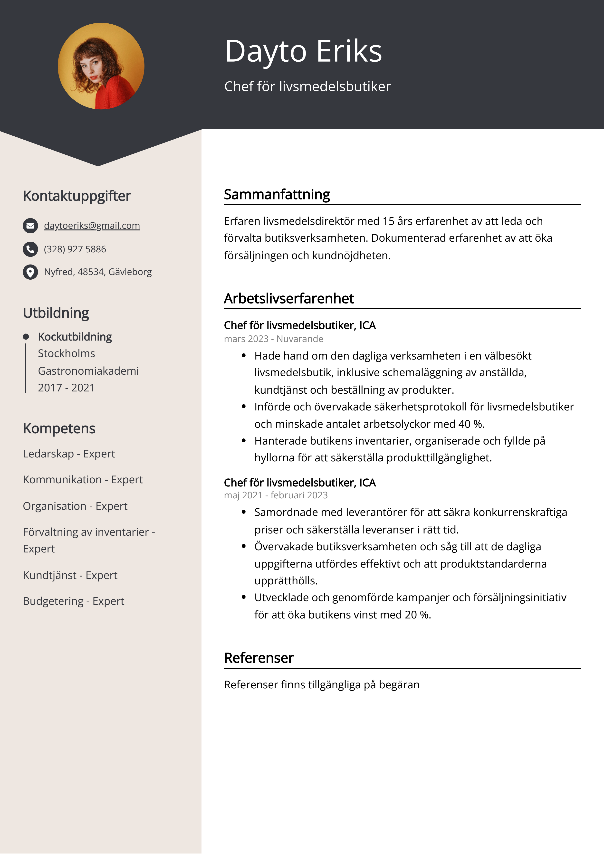 Chef för livsmedelsbutiker CV Exempel