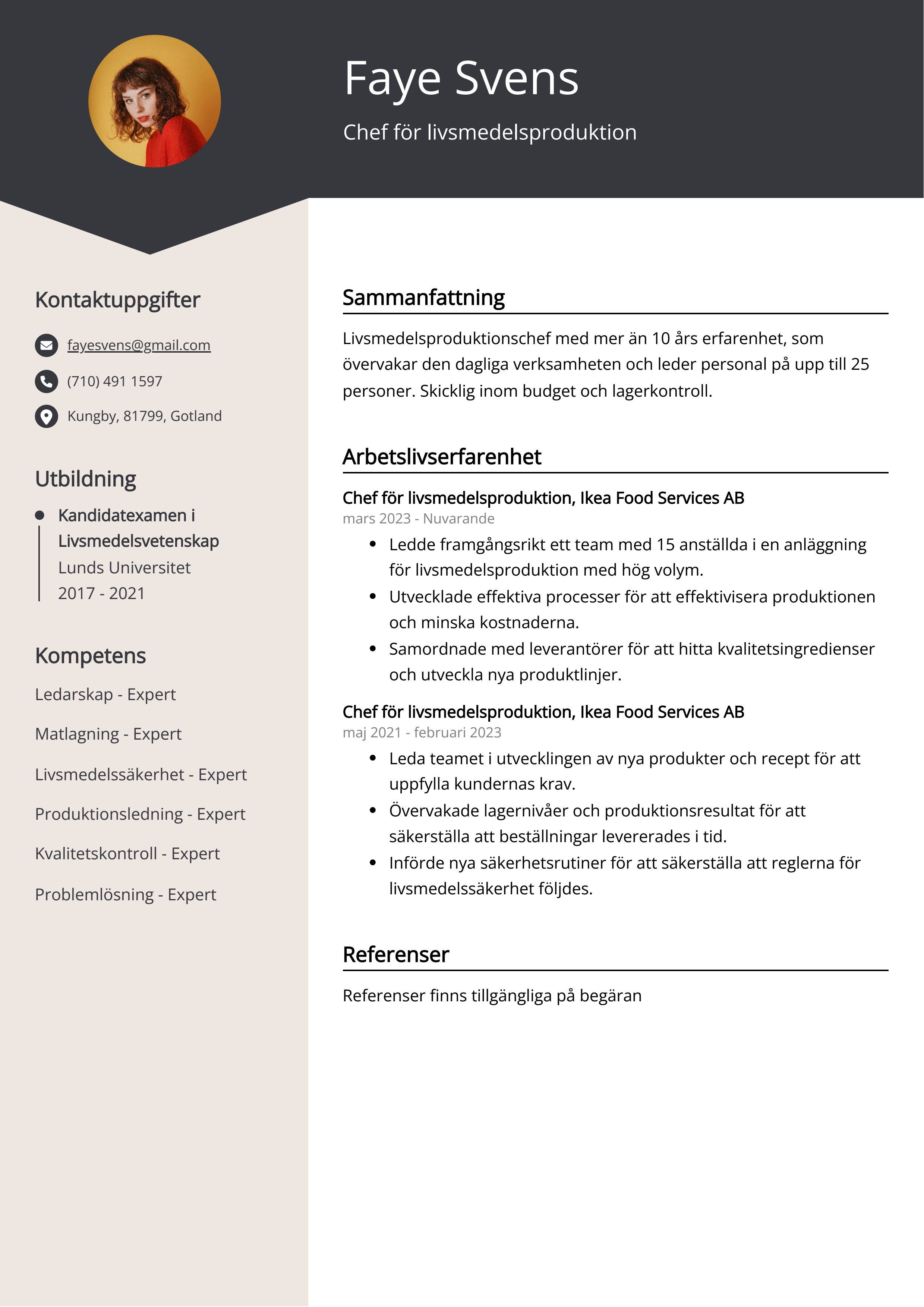 Chef för livsmedelsproduktion CV Exempel