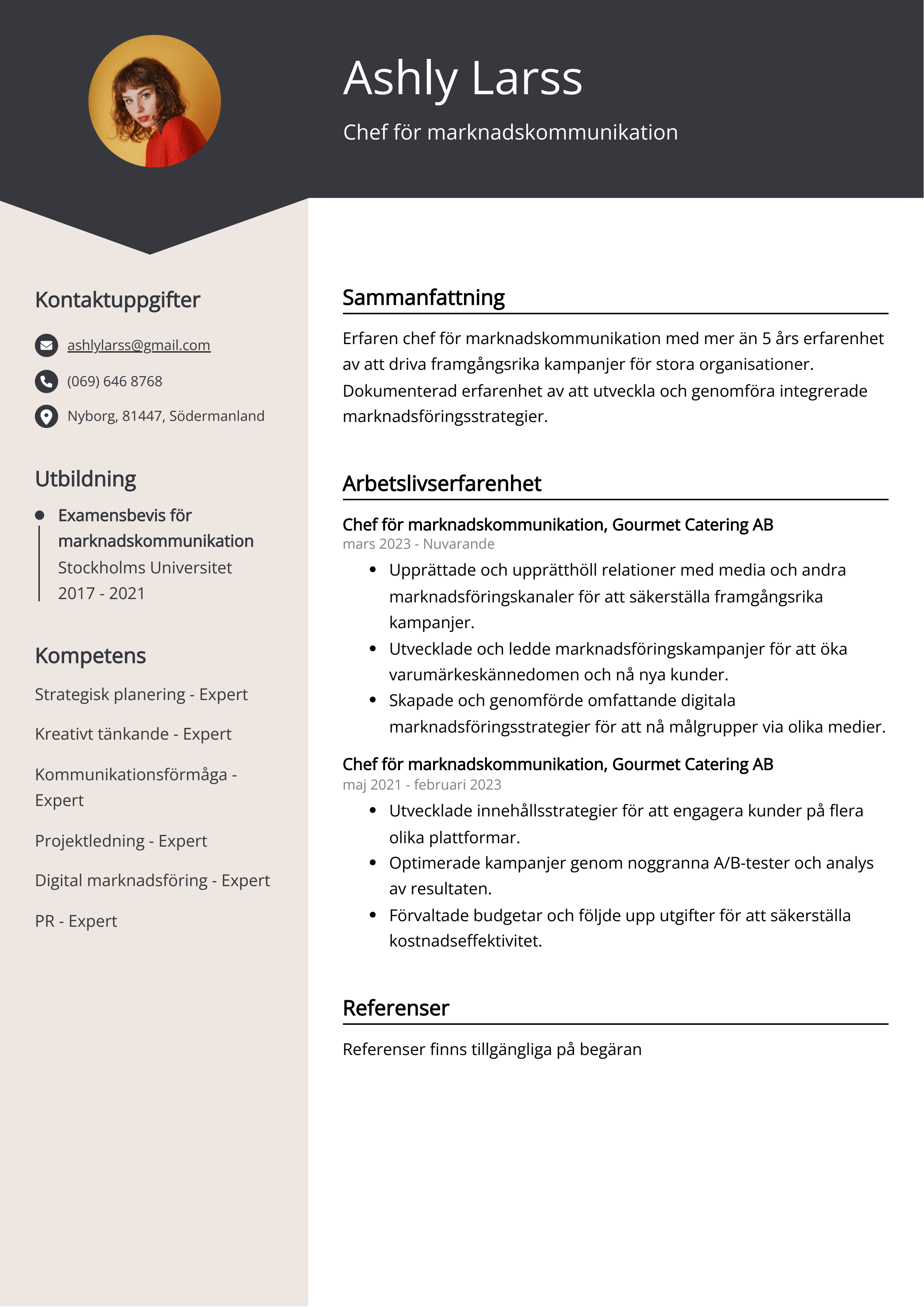 Chef för marknadskommunikation CV Exempel