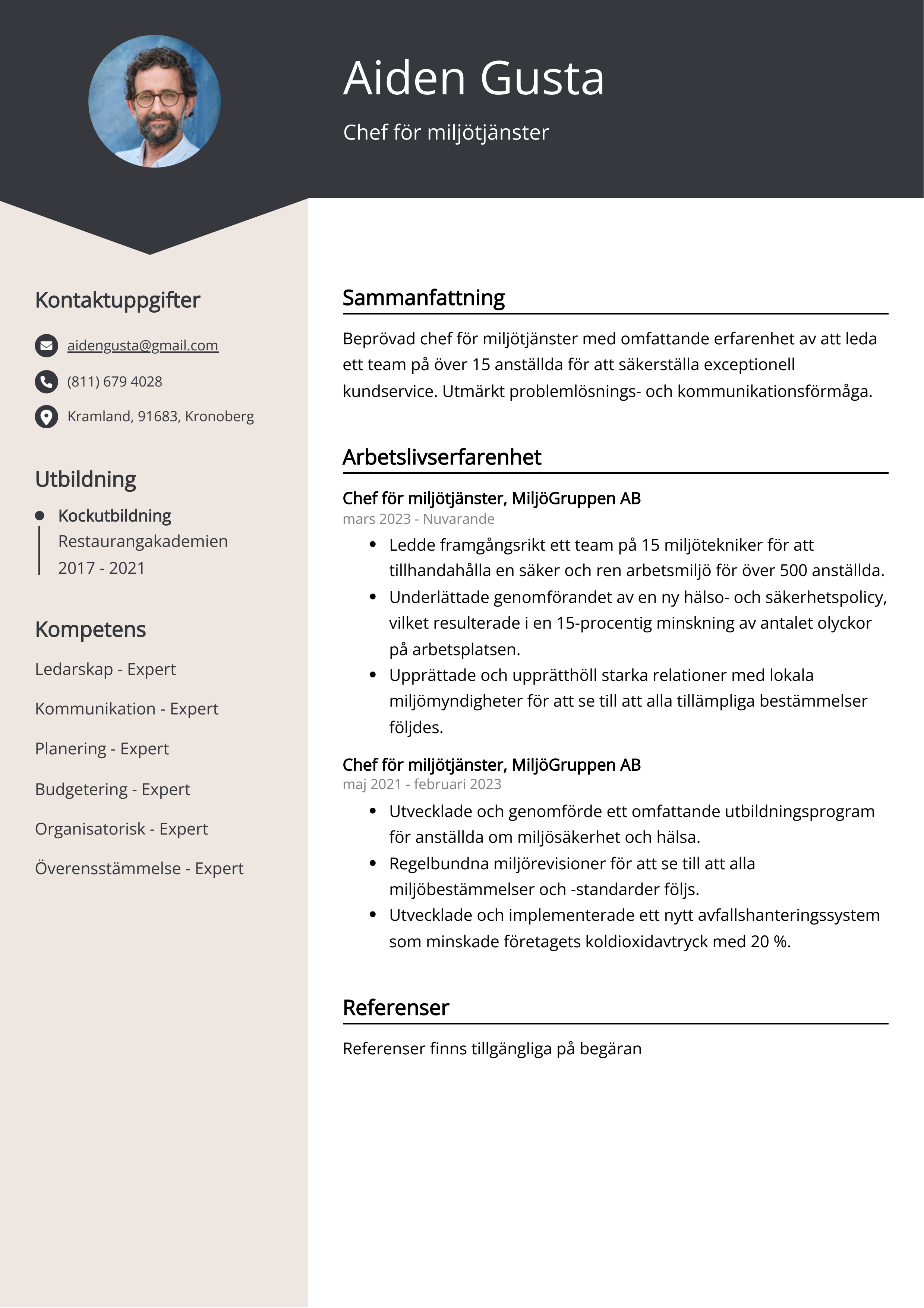 Chef för miljötjänster CV Exempel