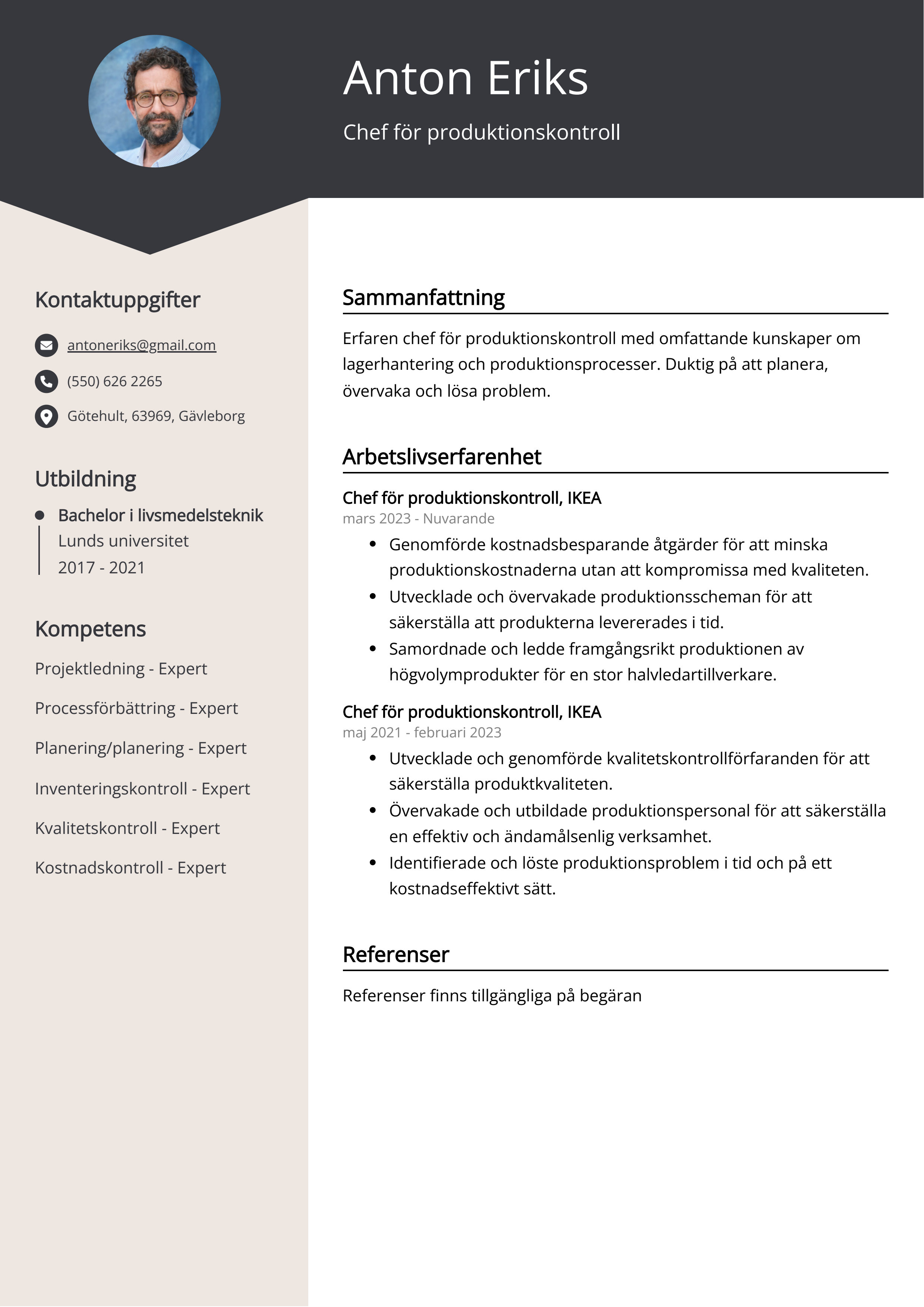 Chef för produktionskontroll CV Exempel