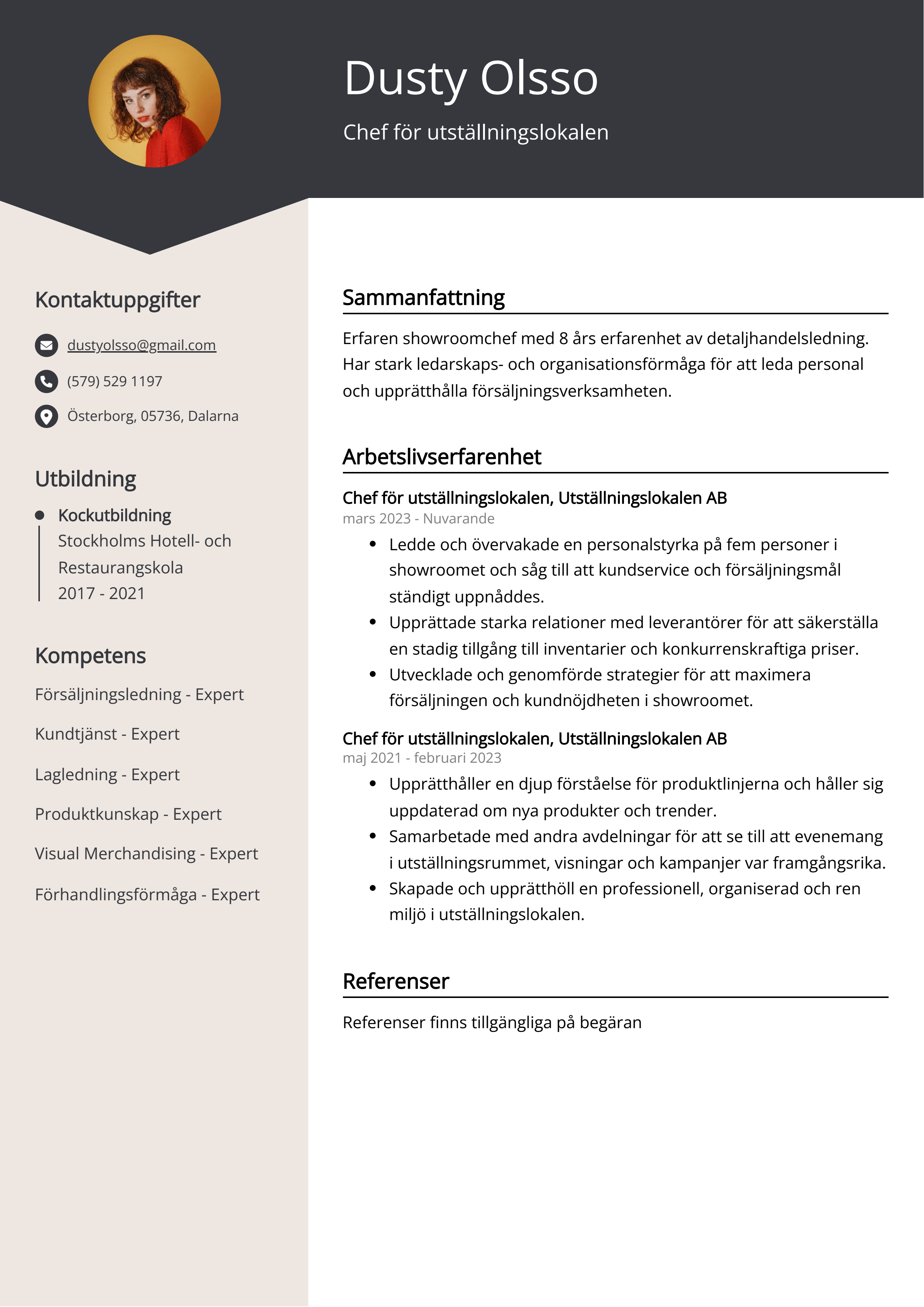 Chef för utställningslokalen CV Exempel