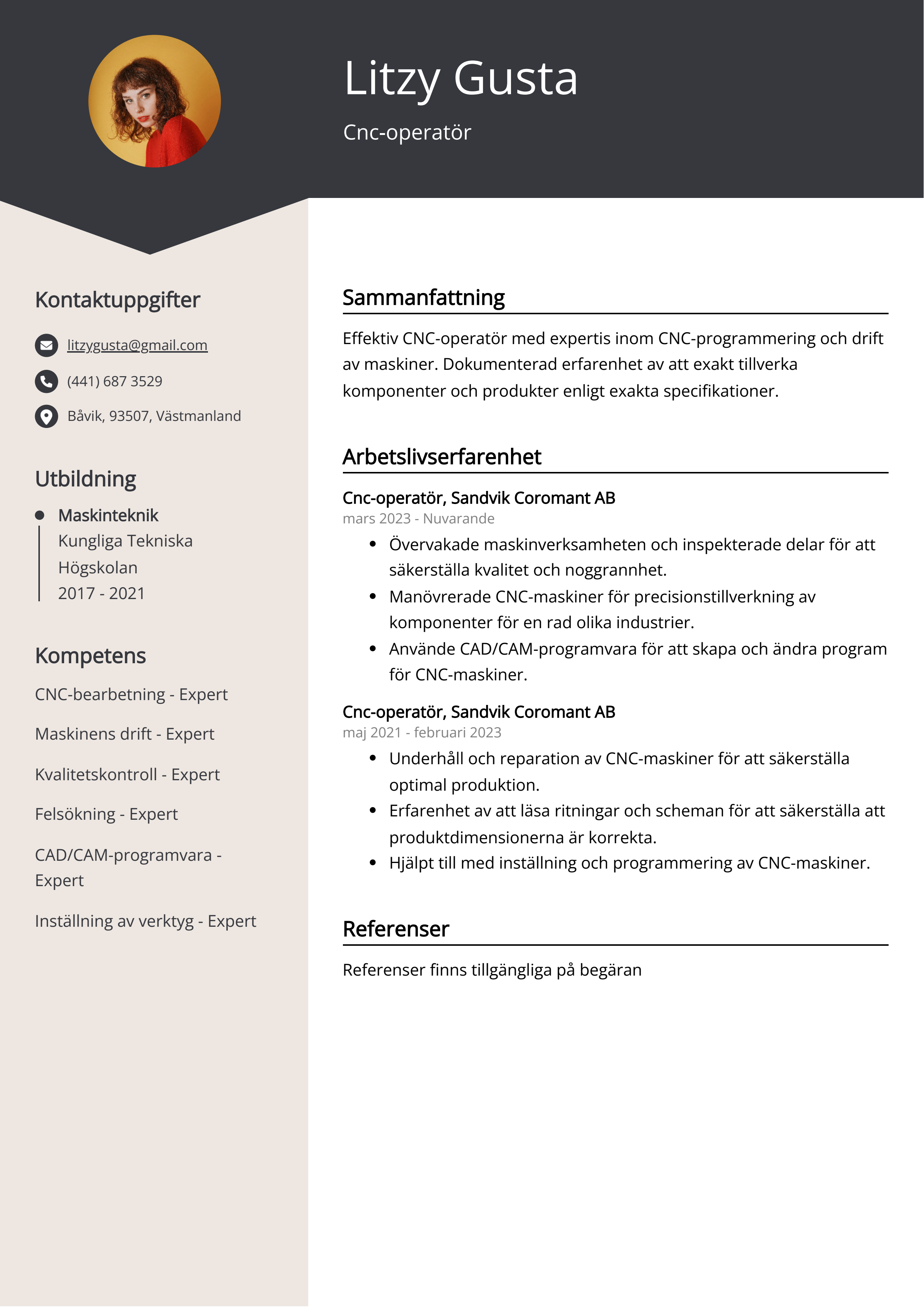 Cnc-operatör CV exempel