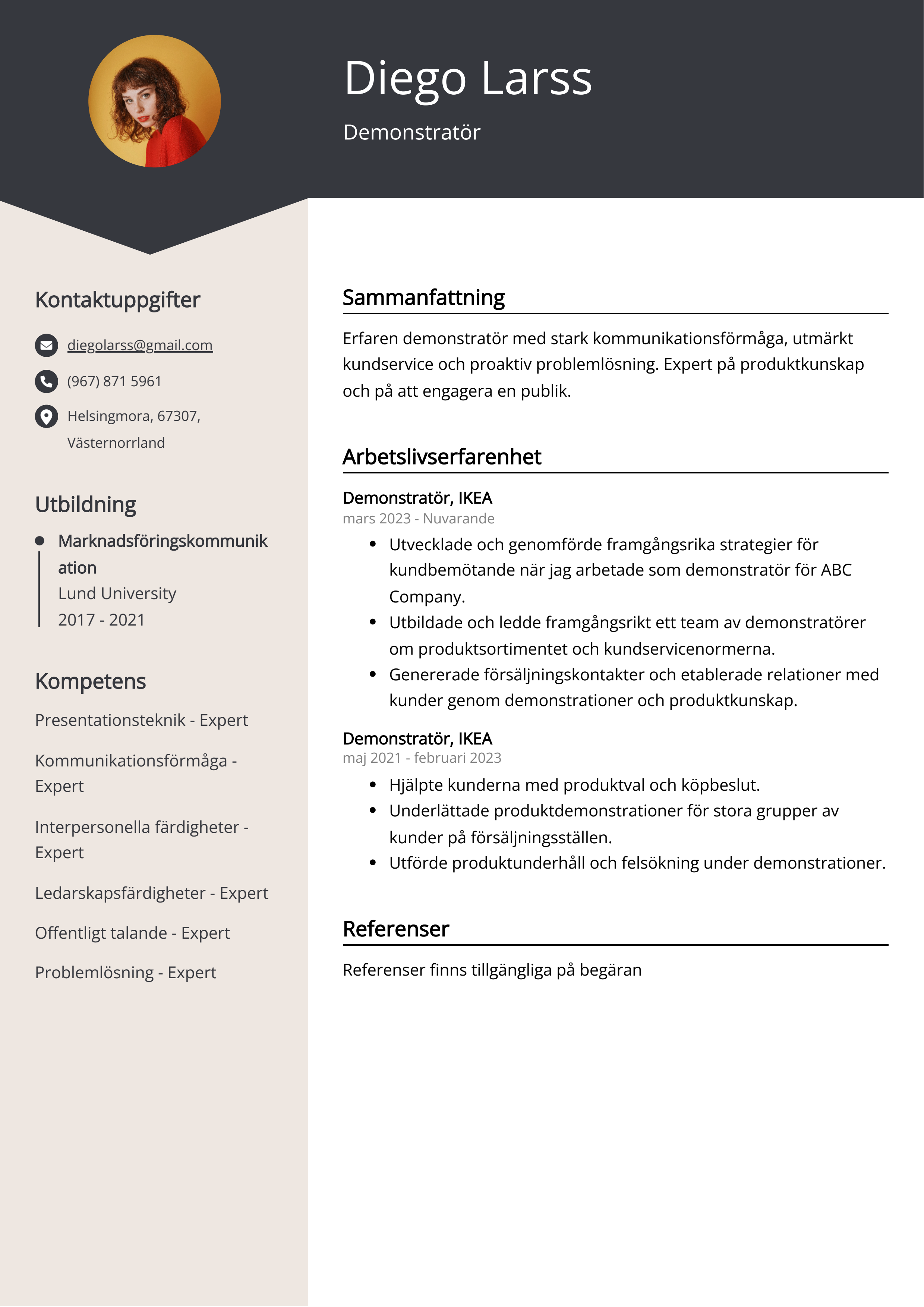 Demonstratör CV exempel