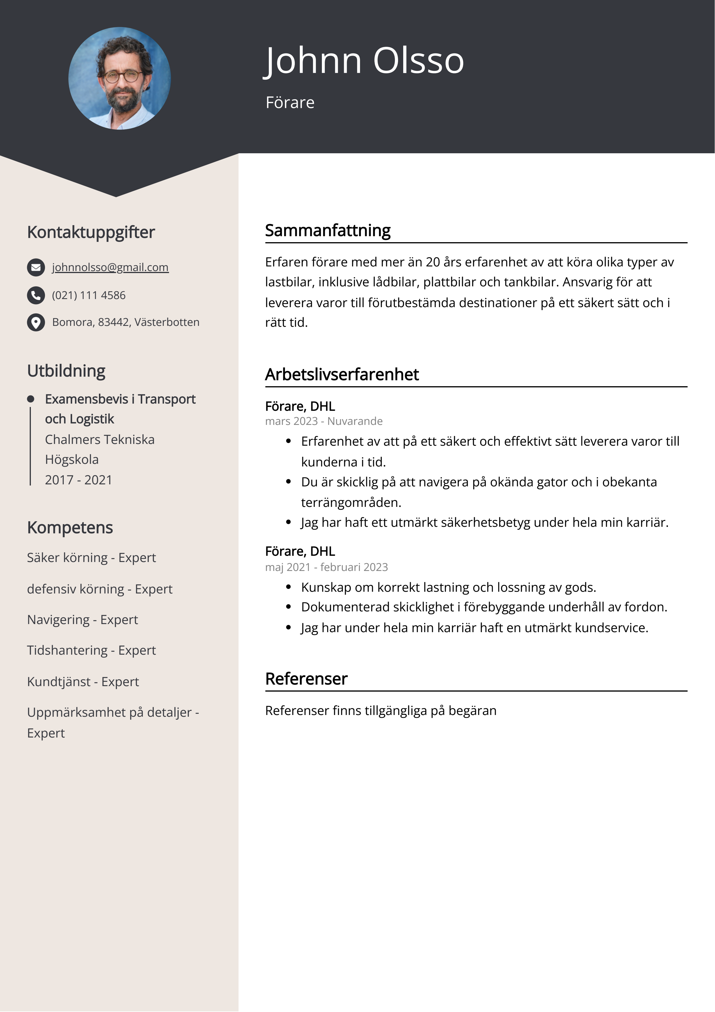 Förare CV Exempel