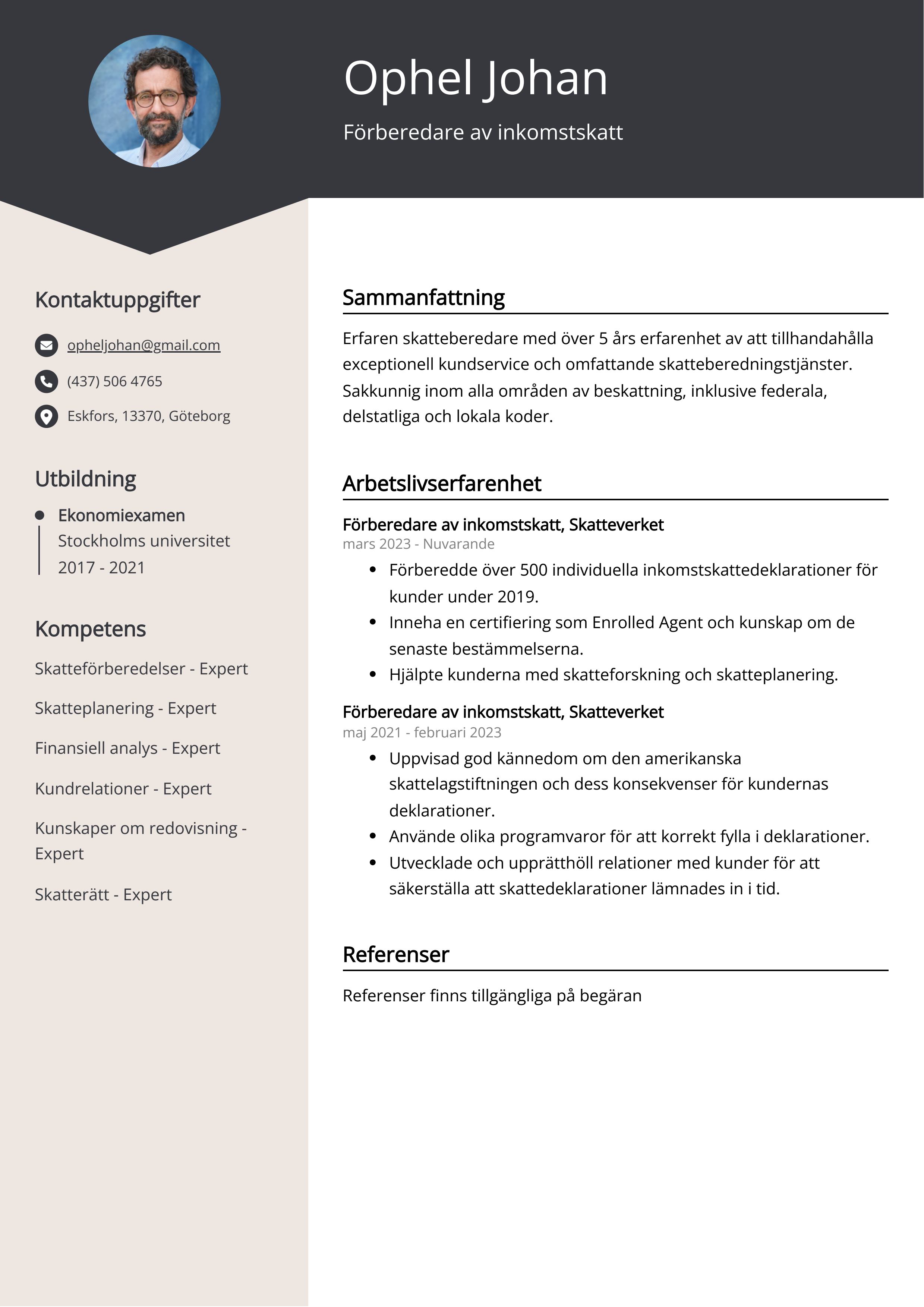 Förberedare av inkomstskatt CV Exempel