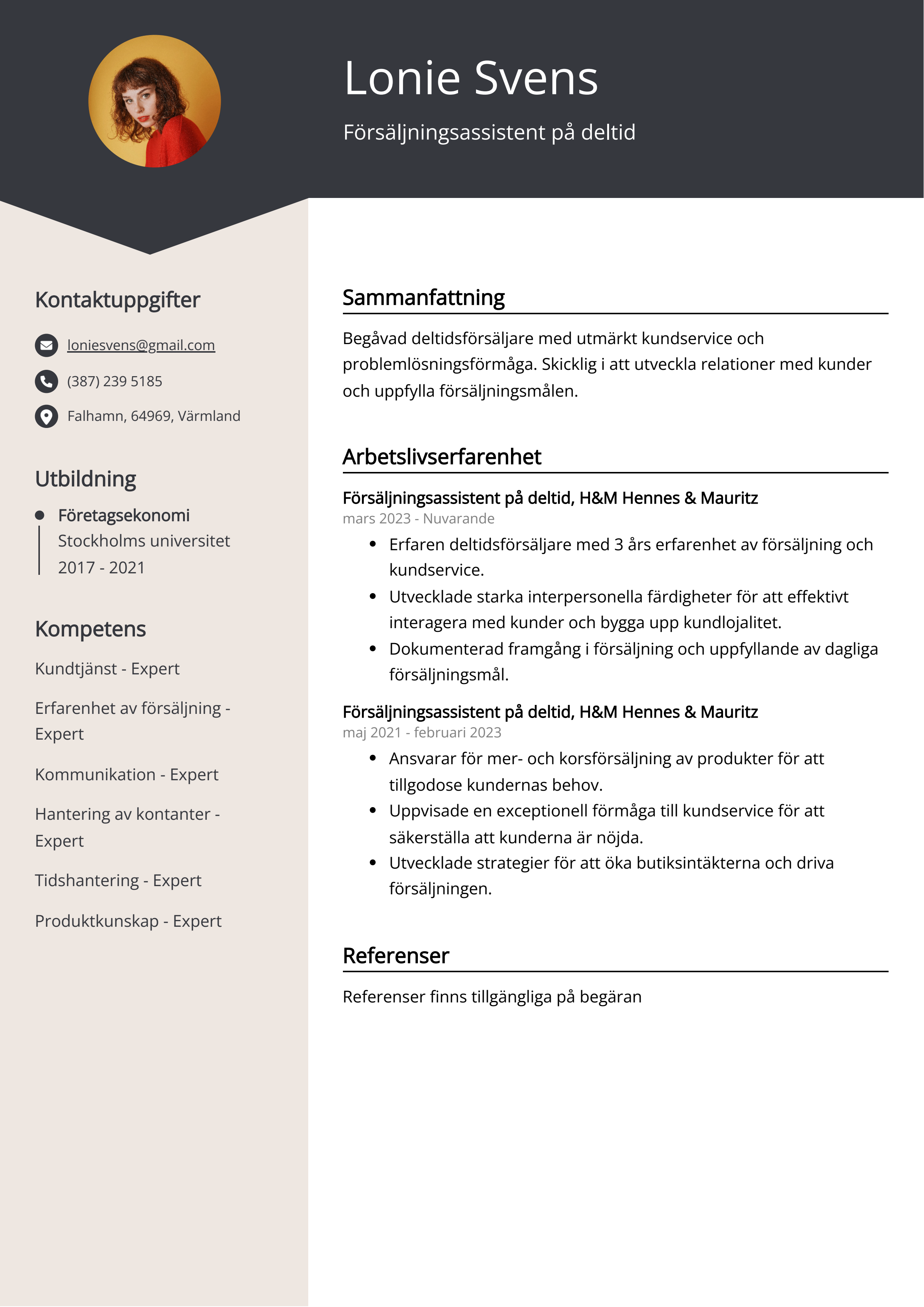 Försäljningsassistent på deltid CV Exempel